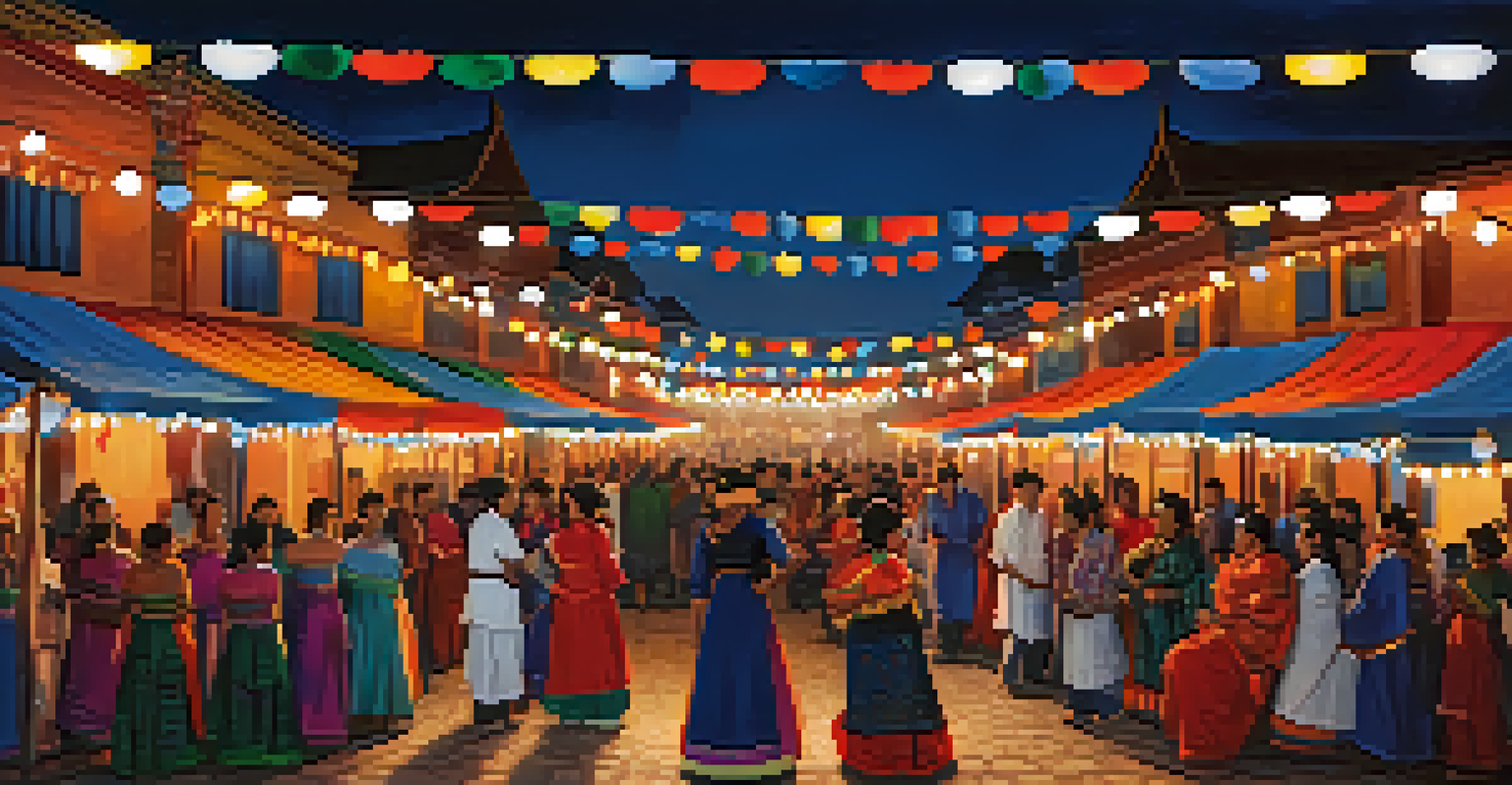 A vibrant cultural festival at night with performers dancing under colorful lights and a crowd enjoying the celebration.