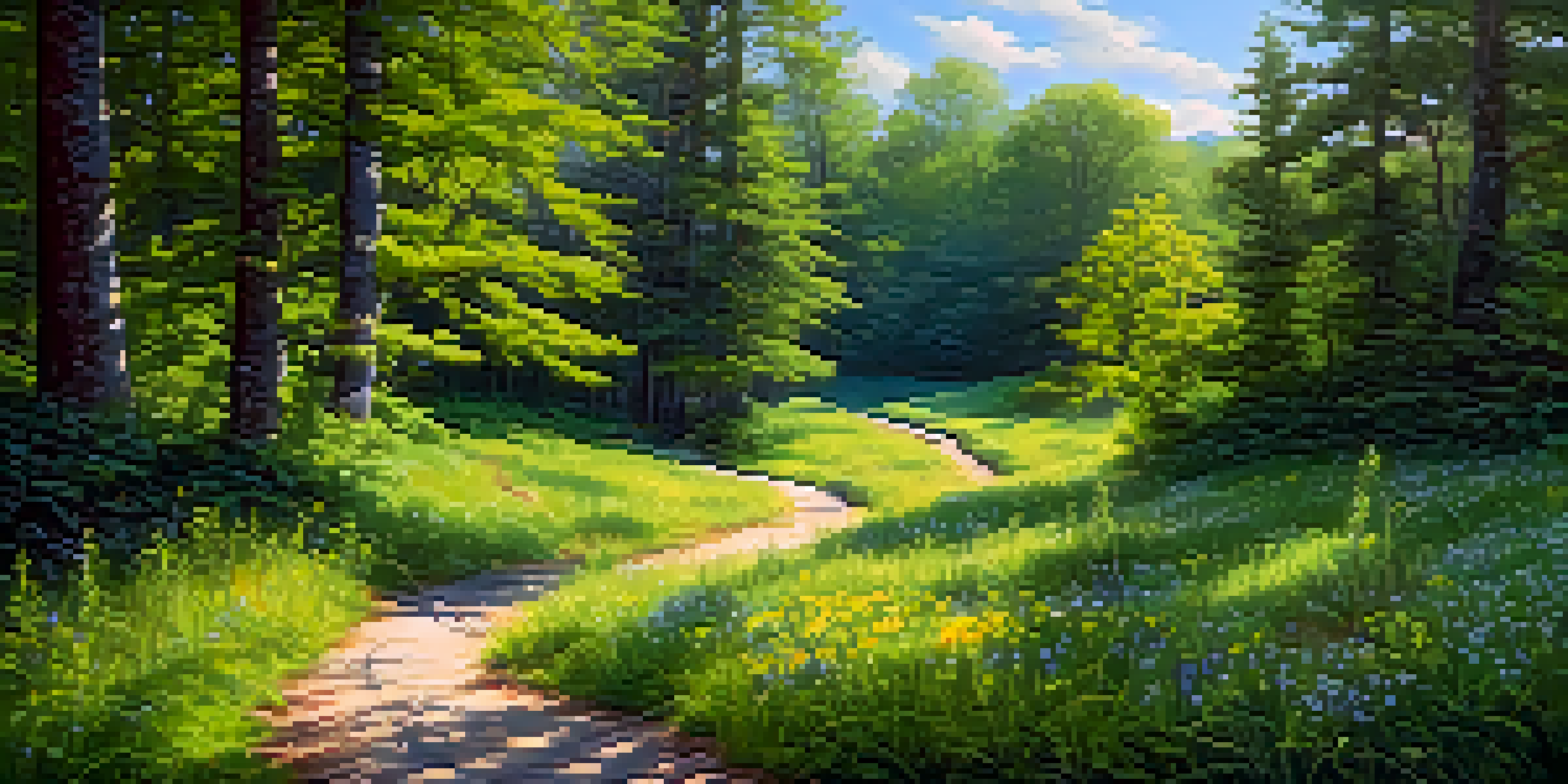 A winding path in a lush green forest, illuminated by sunlight, surrounded by colorful wildflowers.