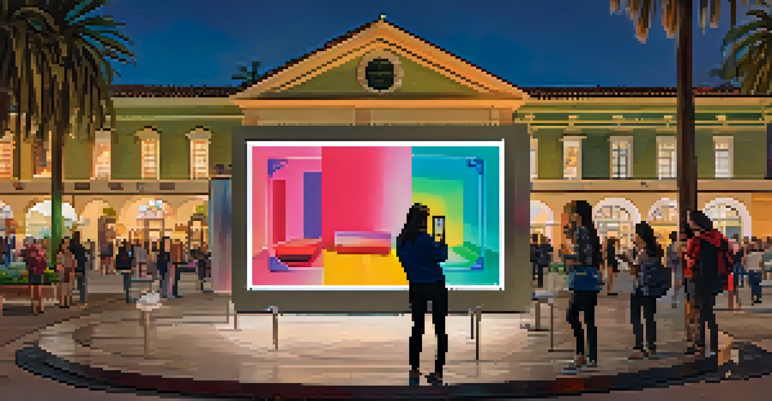 A digital art installation in a plaza, with people interacting using smartphones, and Santa Barbara's architecture in the background under evening lights.