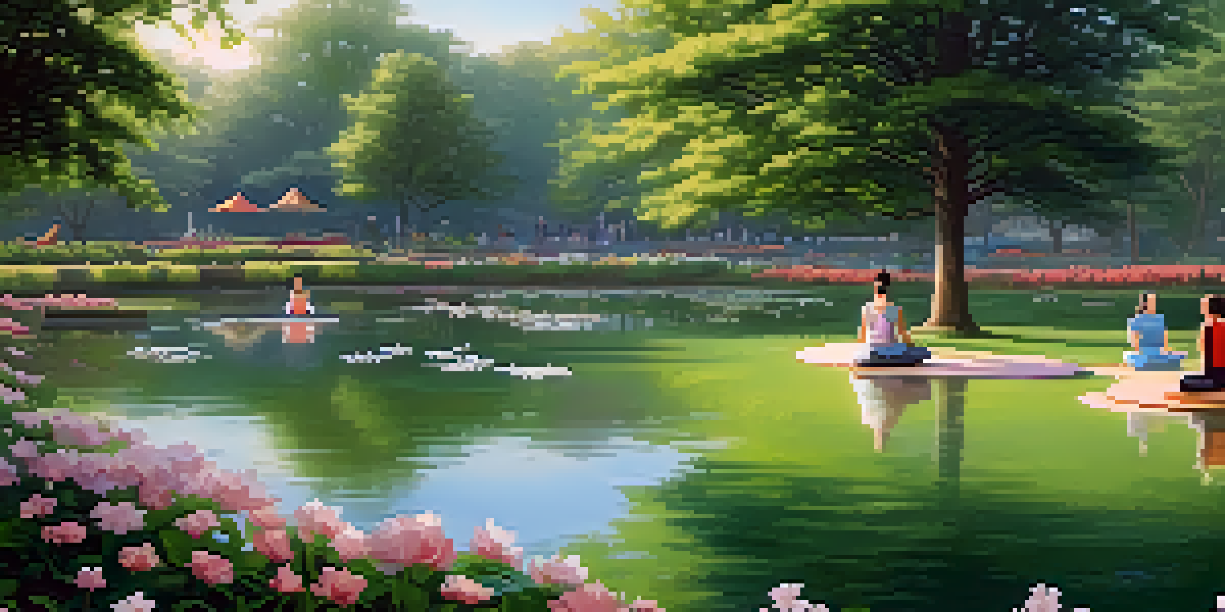 A peaceful park scene with a pond, people practicing yoga, and vibrant greenery.