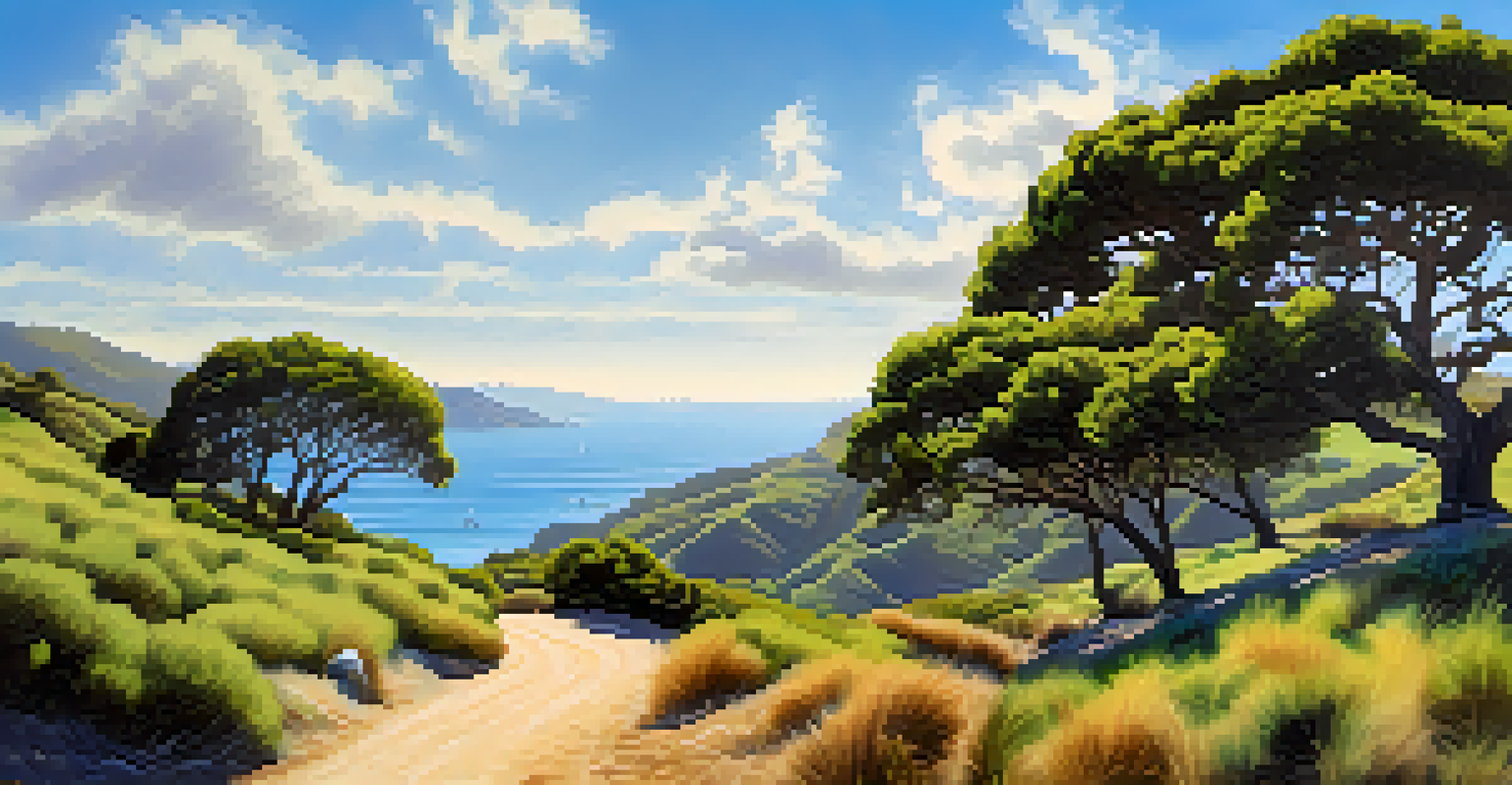 A view of Gaviota State Park with oak trees, a hiking trail, and an overlook of the ocean and mountains.