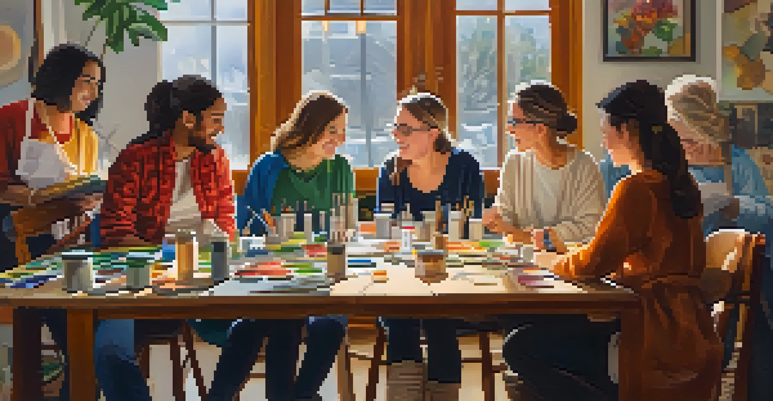 A group of beginner painters working together in a warm and inviting art class environment.