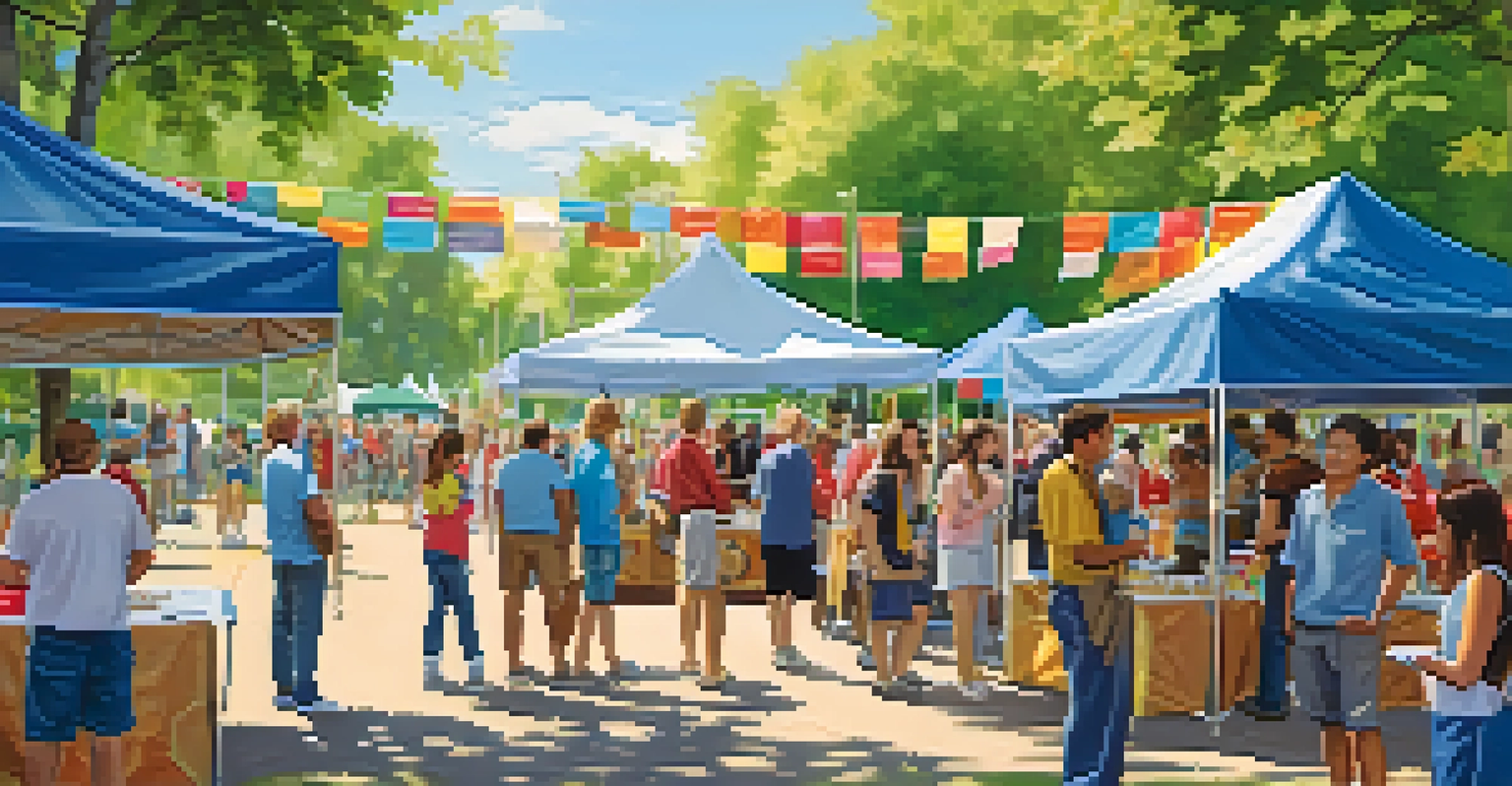 A bustling volunteer fair in a park with colorful stalls and people engaging in conversations.