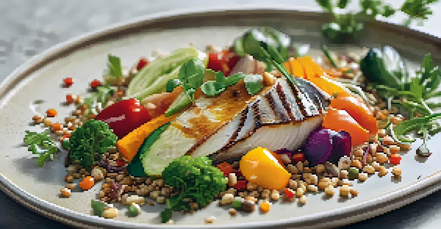 A close-up of a beautifully plated traditional dish with vibrant vegetables and grains, garnished with herbs.