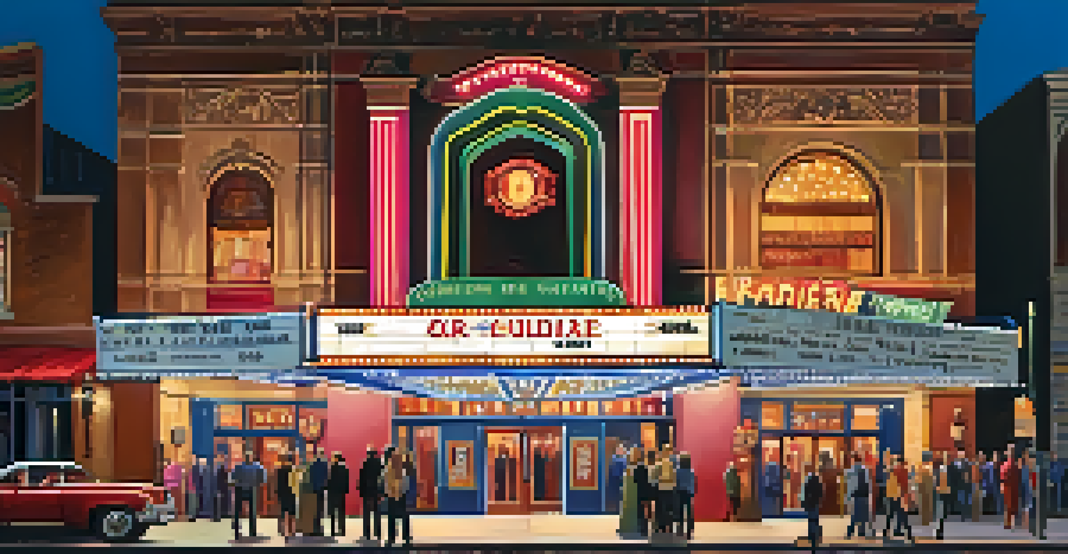 The charming exterior of a community theater on opening night, with bright marquee lights and a crowd of excited attendees.