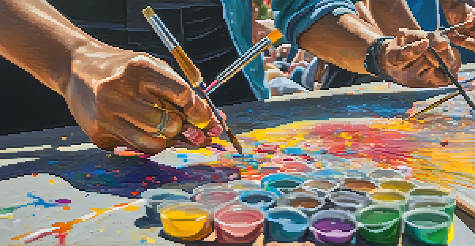 An artist painting at an outdoor festival, with colorful materials around and onlookers admiring the creative process.