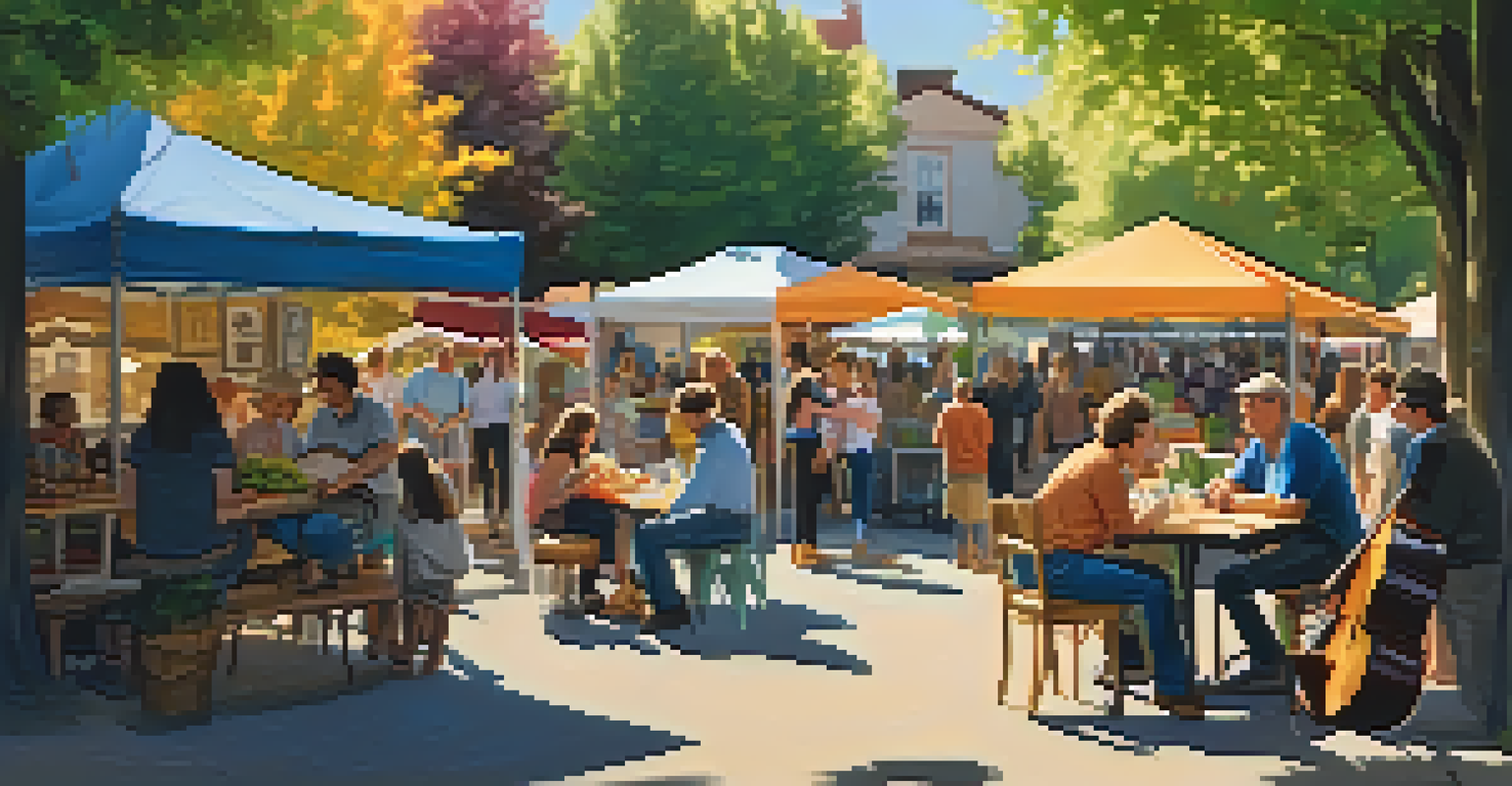 Local musicians performing at a farmers' market, with families enjoying the music surrounded by colorful stalls and greenery.