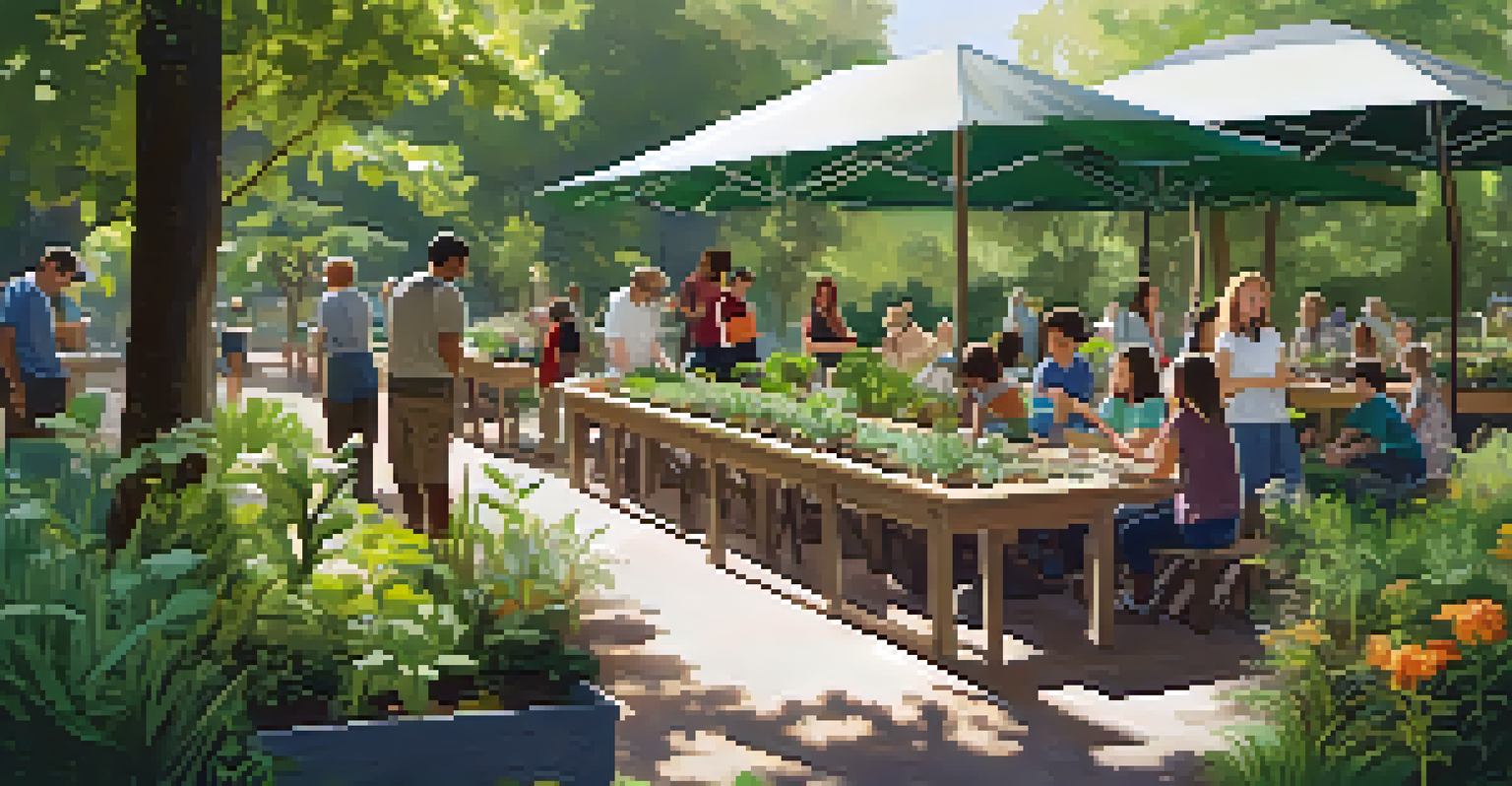 A diverse group of people participating in a plant conservation workshop in a botanical garden, with tables of materials and sunlight filtering through trees.