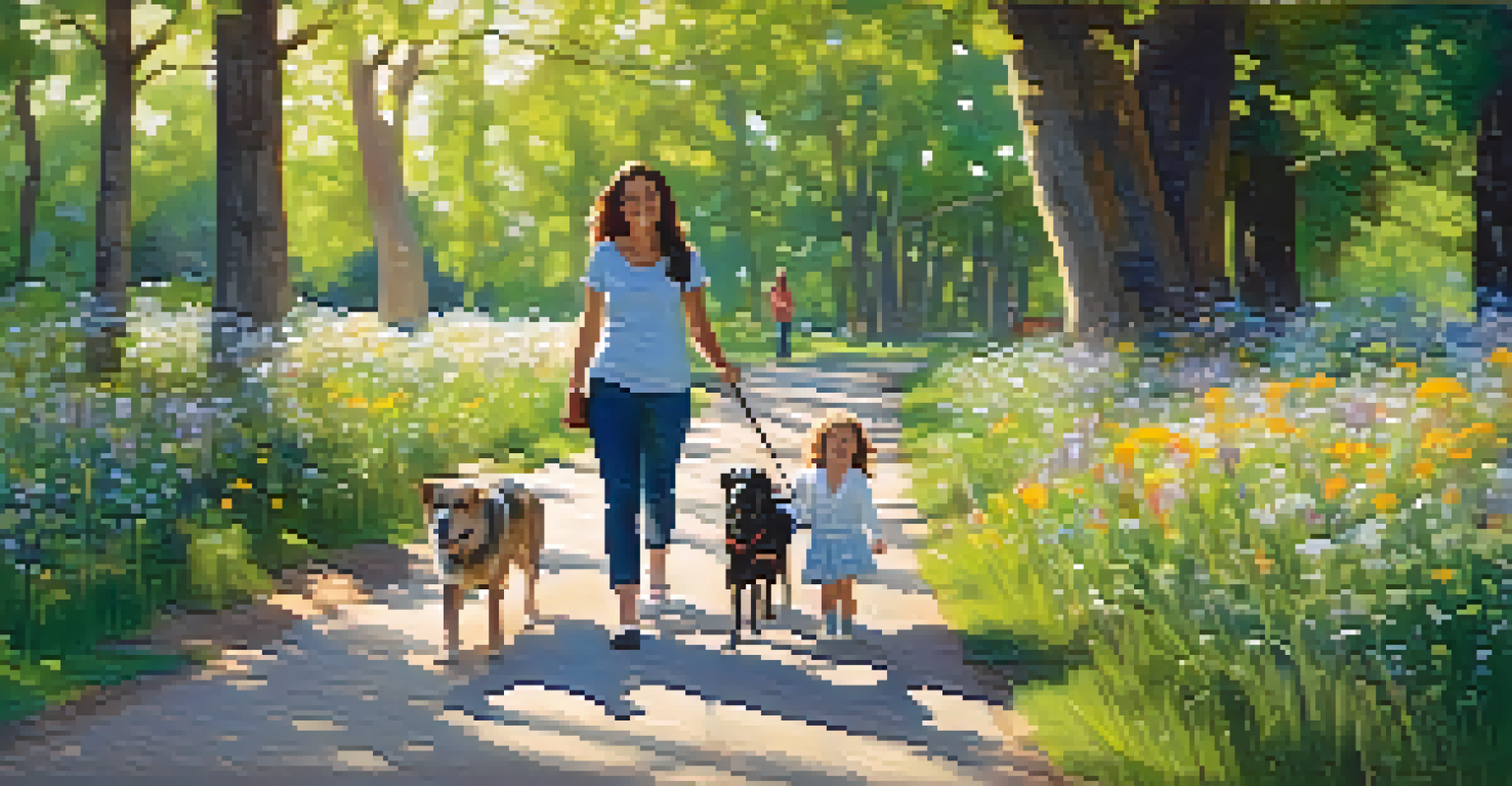 A family walking with their dog on a scenic trail in a park, surrounded by flowers and sunlight filtering through trees.