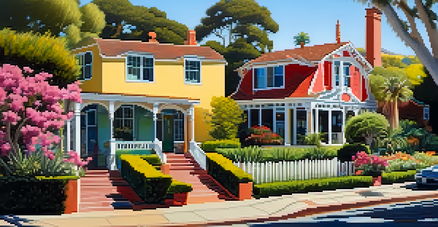 Historic homes in the Presidio Neighborhood of Santa Barbara with colorful exteriors and blooming flowers.