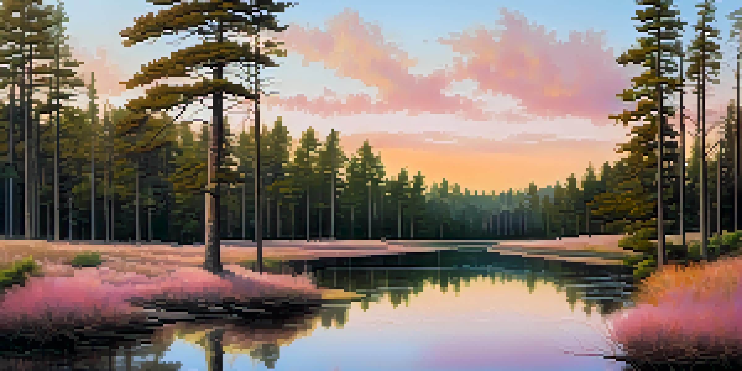 A peaceful sunset view of a park with pine trees and a walking trail.