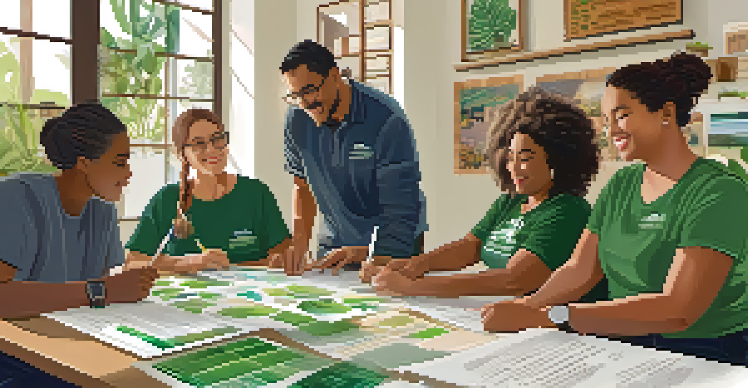 A group of diverse business owners in a workshop discussing green certifications, with plants and educational materials around.