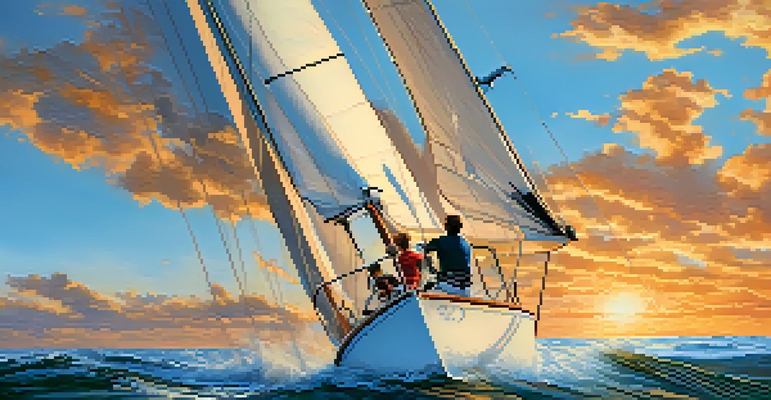 A beginner sailor joyfully steering a sailboat with the wind in their hair, while the instructor offers guidance nearby.
