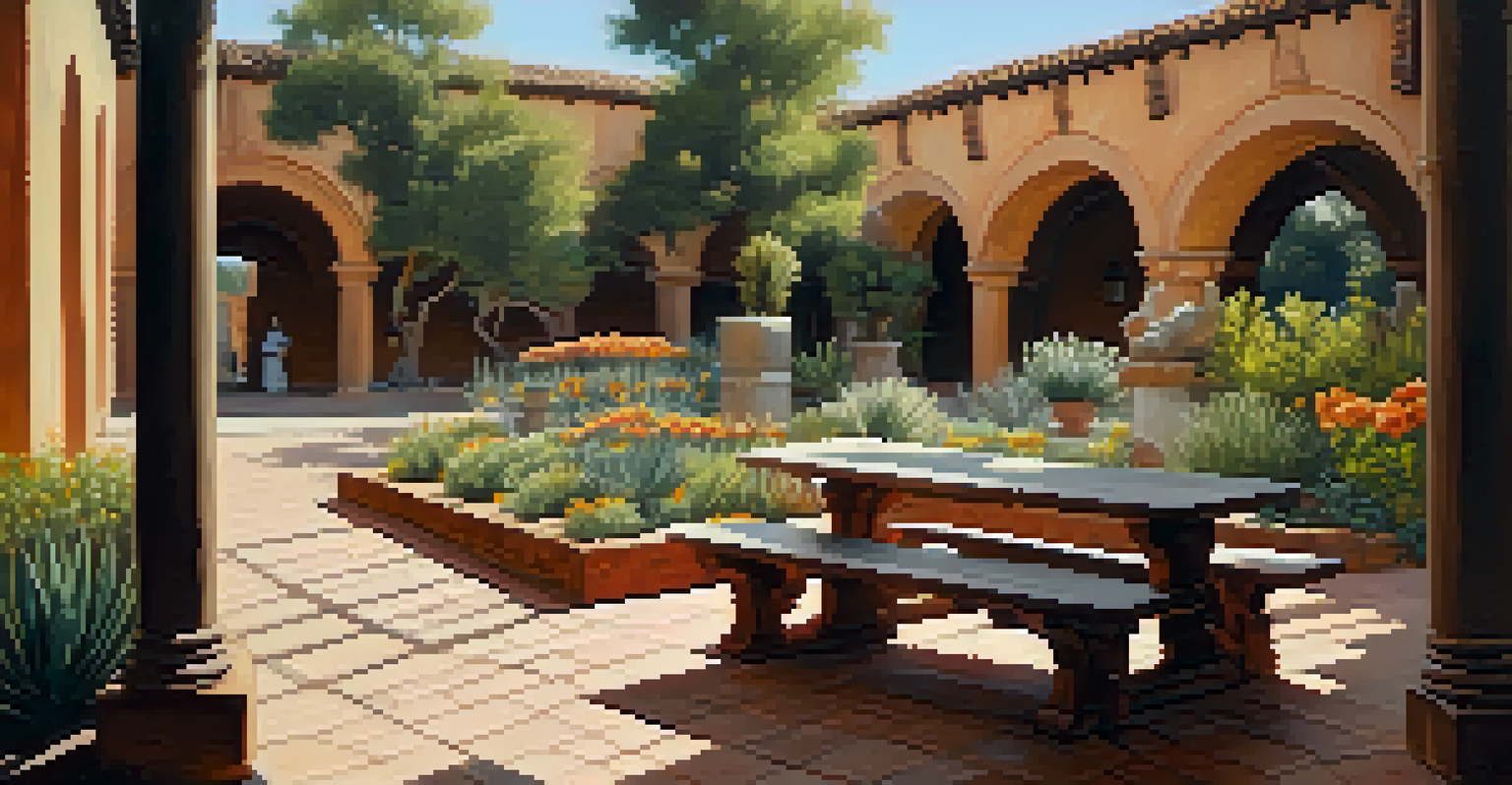 A close-up of a central courtyard with rustic wooden benches and flowering plants, illuminated by sunlight filtering through trees.