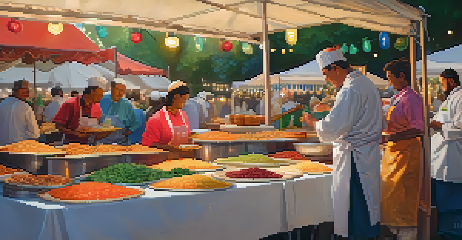 A bustling food area at an art festival with colorful food stalls, chefs cooking, and attendees enjoying a variety of international dishes under warm lights.