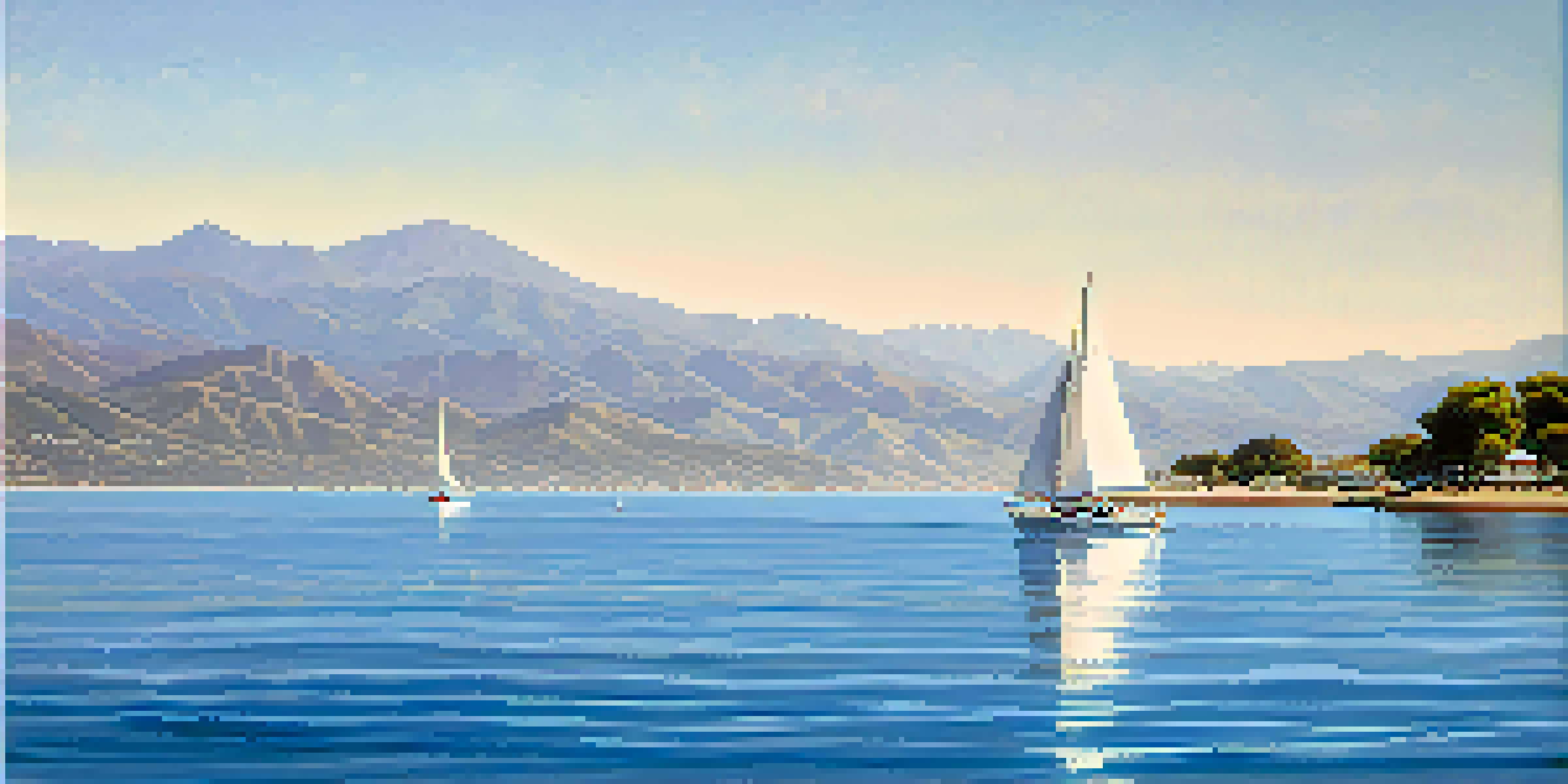 A small sailboat sailing in the clear blue waters of Santa Barbara with mountains in the background and dolphins jumping in the distance.