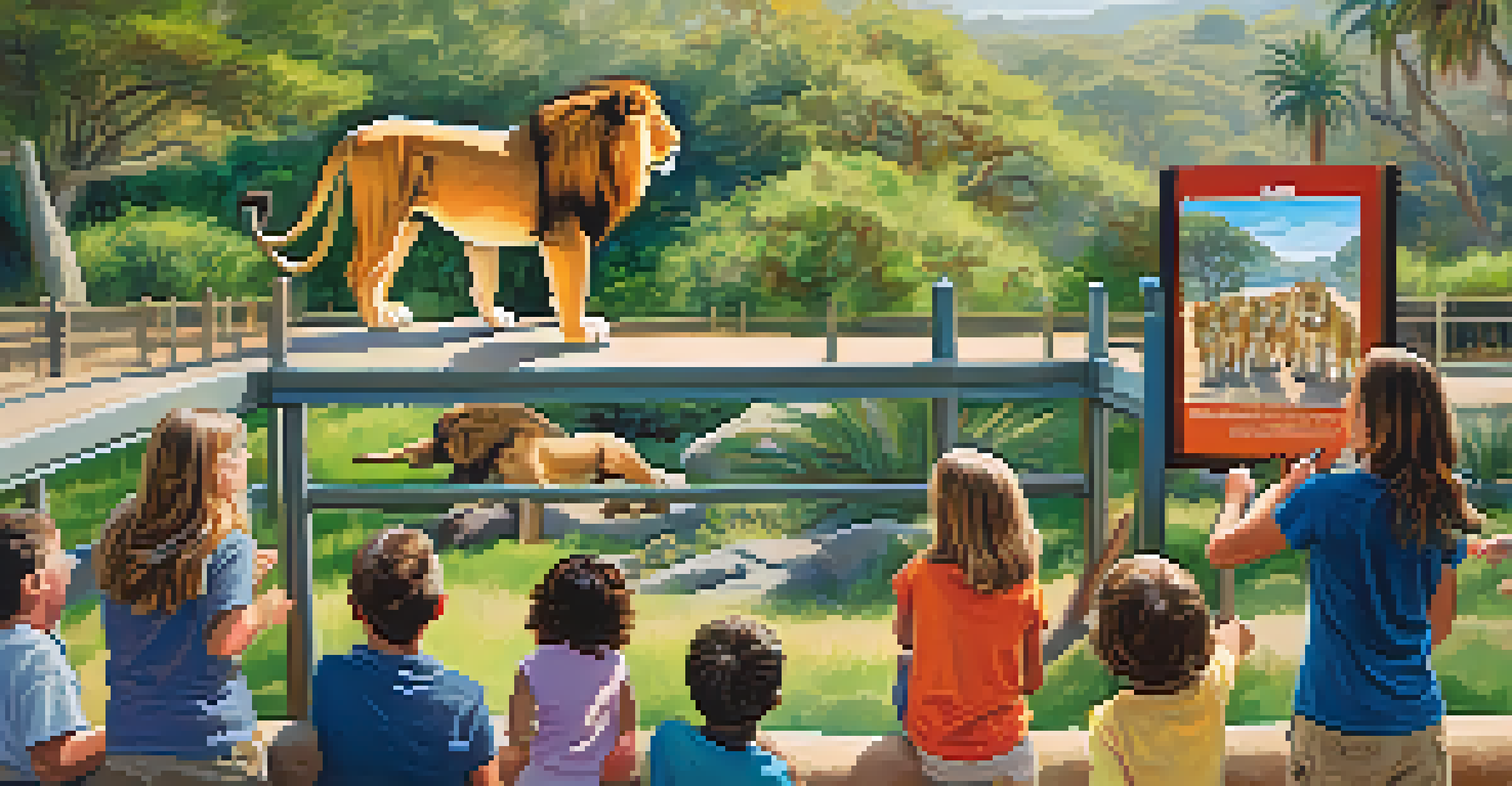Visitors at the Santa Barbara Zoo observing a lion, with children excitedly learning about wildlife conservation.