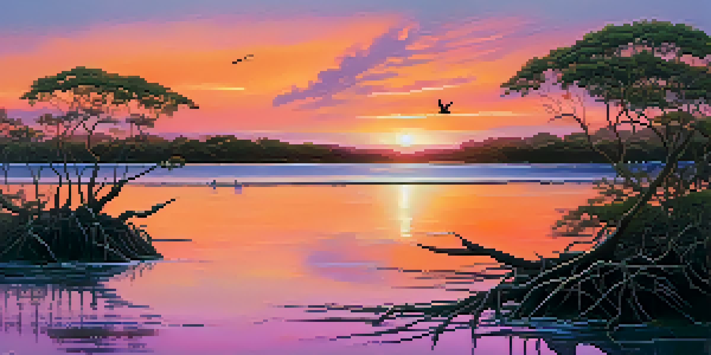A tranquil estuary at sunset with vibrant colors and silhouettes of birds flying, surrounded by lush mangroves.