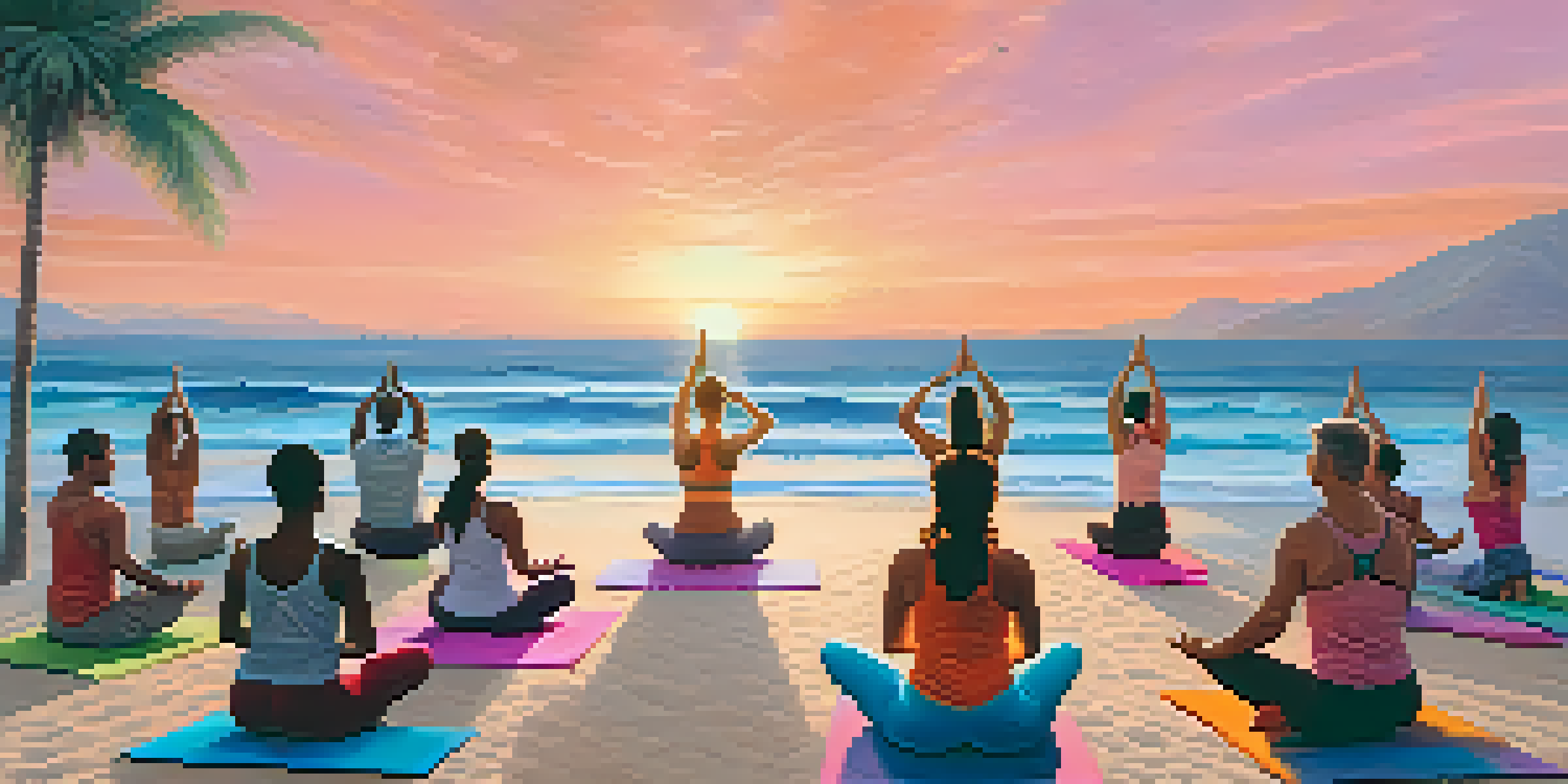 A group of people practicing yoga on a beach during sunset, with vibrant colors in the sky and palm trees in the background.
