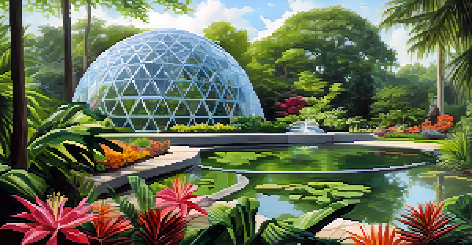 Inside the Climatron dome at the Missouri Botanical Garden, showcasing a lush tropical environment with exotic plants and flowers.