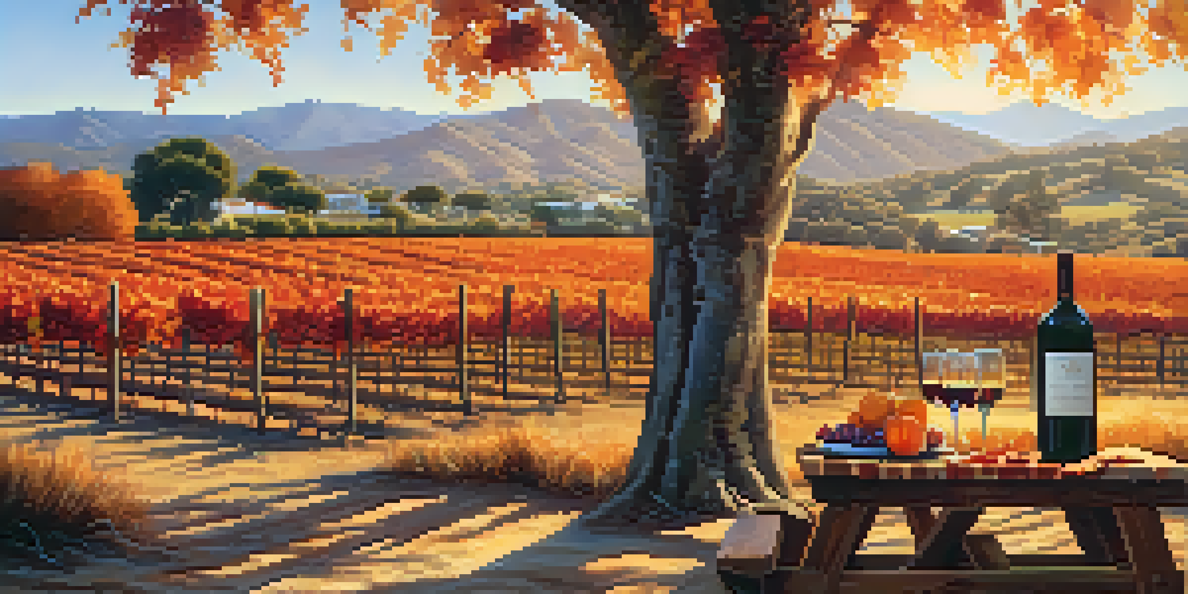 A beautiful vineyard in Santa Barbara with colorful fall foliage, a sunset, and a picnic setup with cheese and wine.