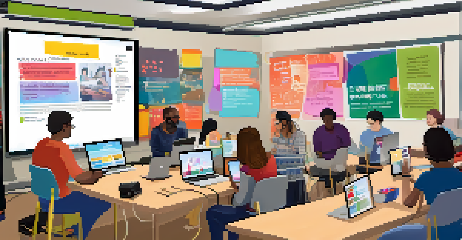 Participants in a modern storytelling workshop using technology and collaborating in a bright environment.