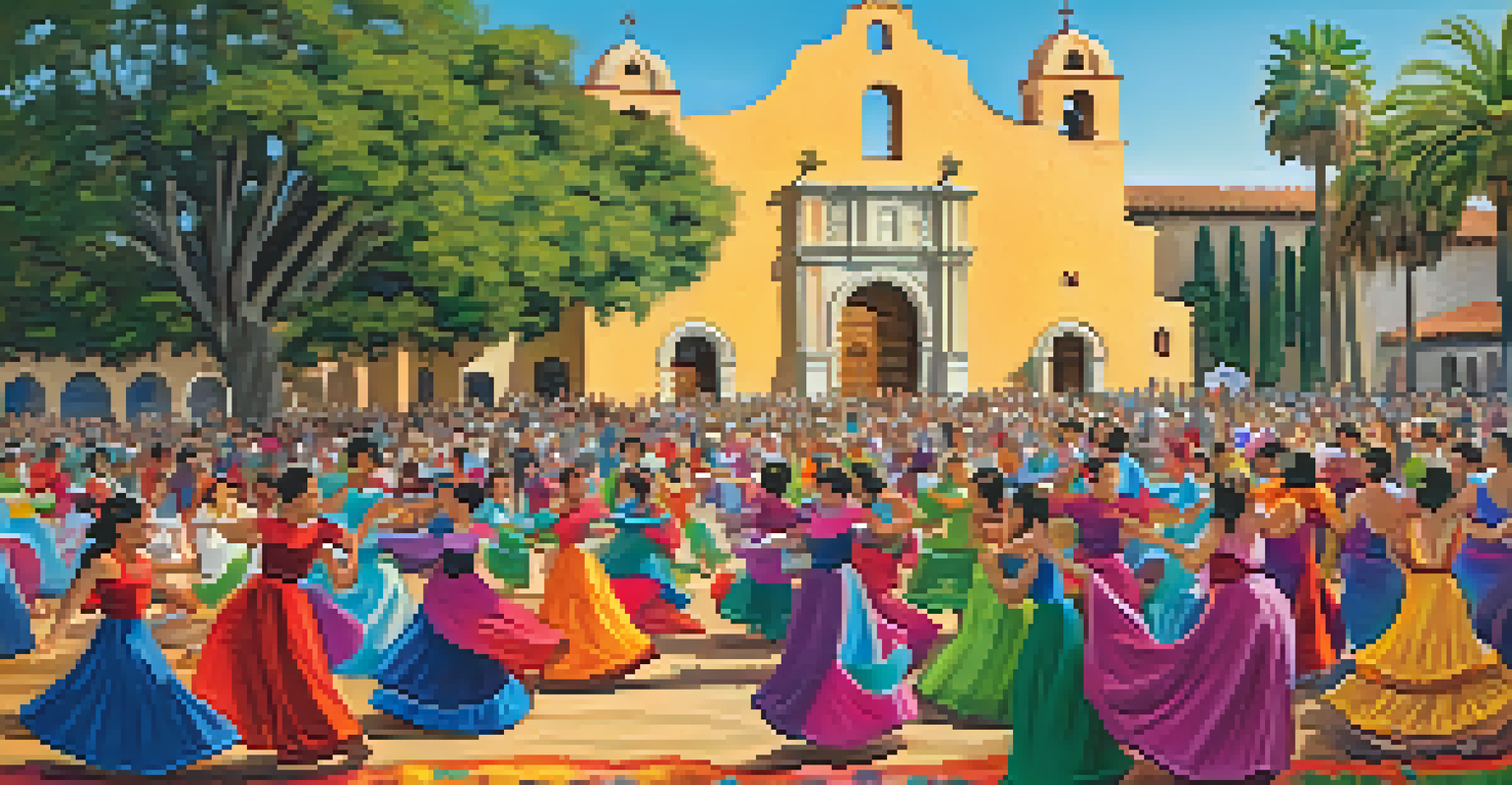 A lively Fiesta celebration at Santa Barbara Mission, showcasing cultural music and dance with the mission's architecture in the background.