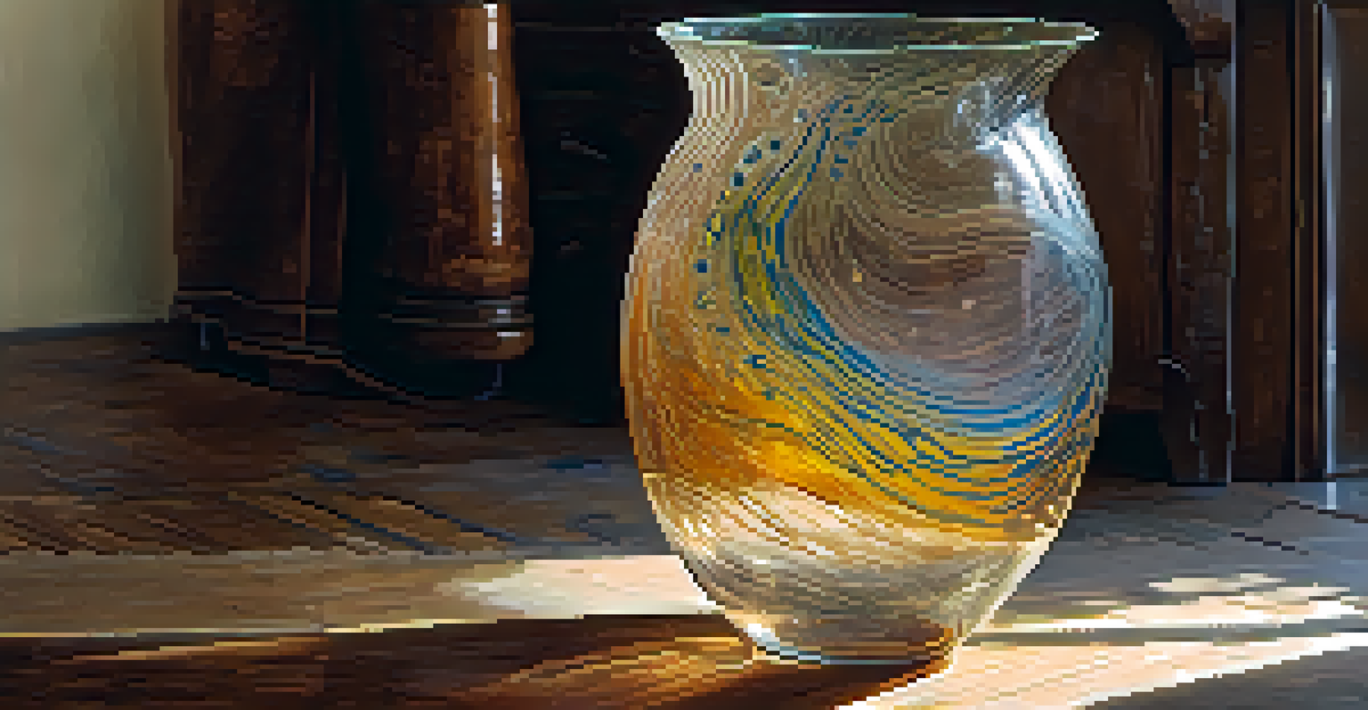 A close-up of a hand-blown glass vase showcasing craftsmanship and bubbles, sitting on an aged wooden table.