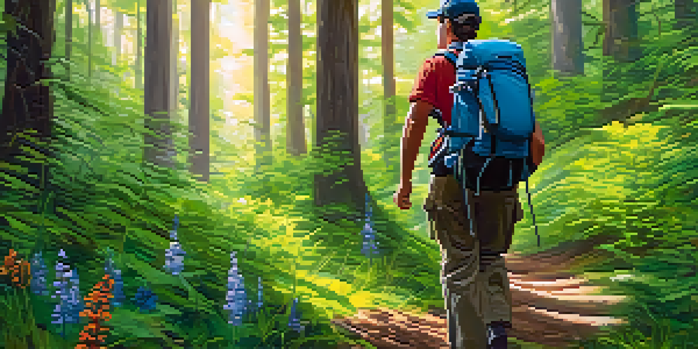 A hiker in eco-friendly gear walking through a lush green forest filled with sunlight and wildflowers.