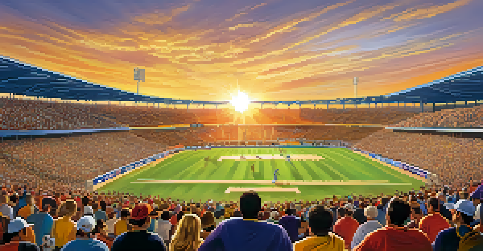 A lively crowd at a local sports event, with fans wearing team jerseys and cheering as the sun sets.