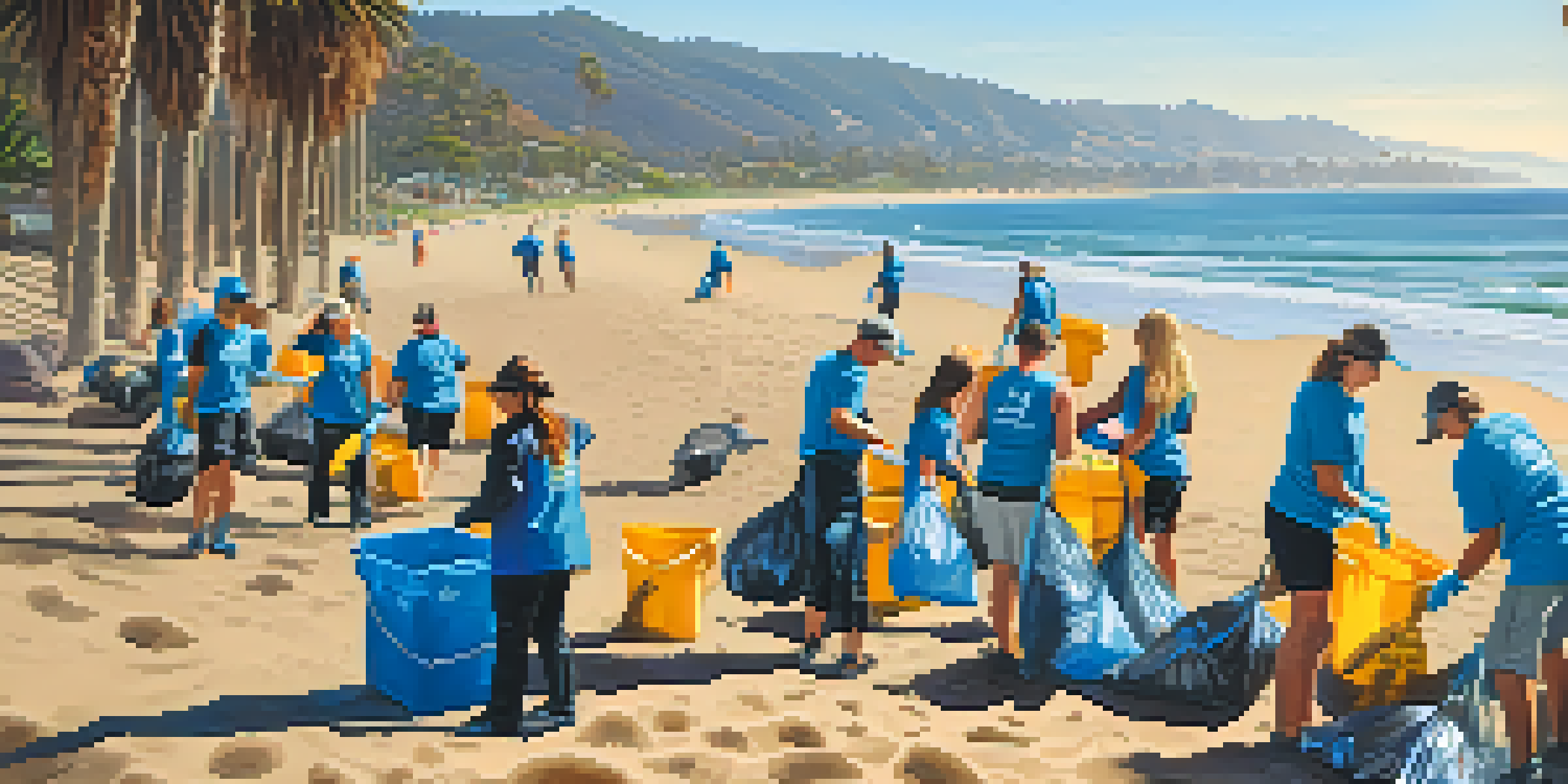 Volunteers engaged in a beach cleanup, collecting litter on a sunny day in Santa Barbara.