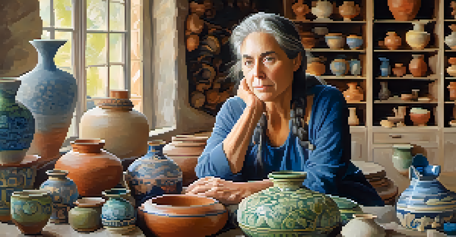 Beatrice Wood in her pottery studio surrounded by colorful ceramic artworks.