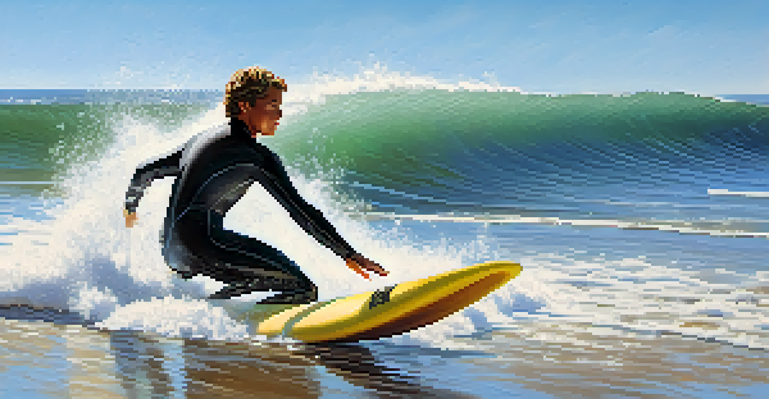 A beginner surfer catching a wave at Leadbetter Beach with an instructor nearby, showcasing a clear blue sky and ocean.