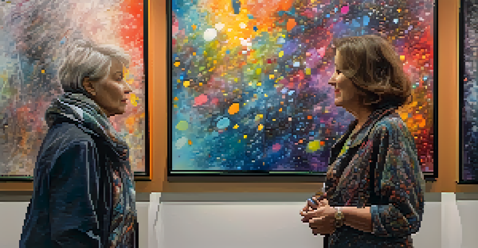 An artist engaging with a visitor, explaining her abstract painting at an art walk, under soft lighting.