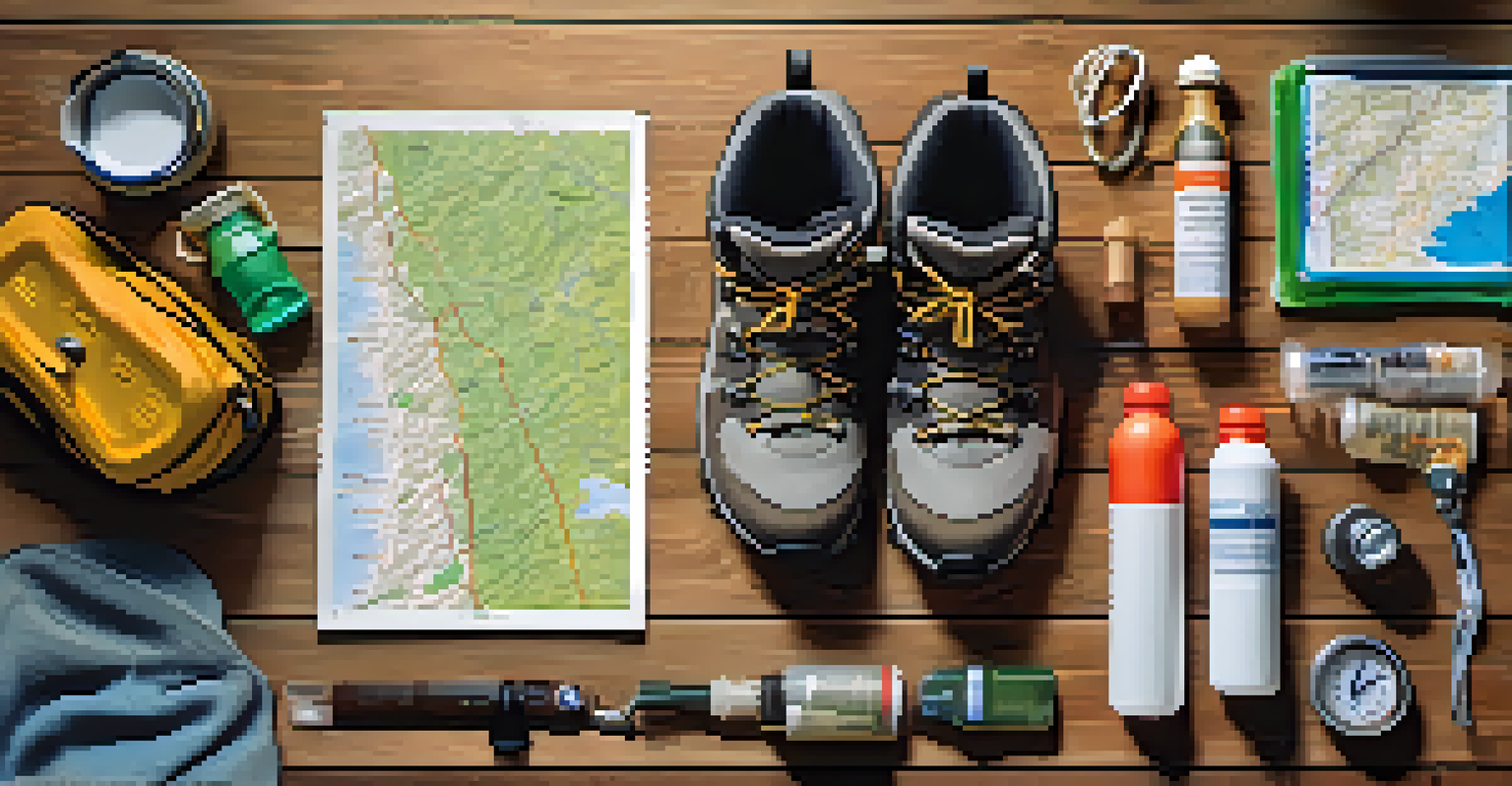 An arrangement of hiking gear including boots, a water bottle, and a map on a wooden table, with a blurred hiking trail in the background.