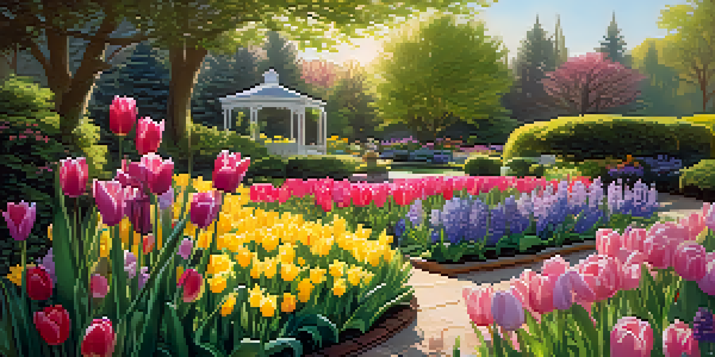 A vibrant spring botanical garden filled with blooming flowers in various colors under warm sunlight.