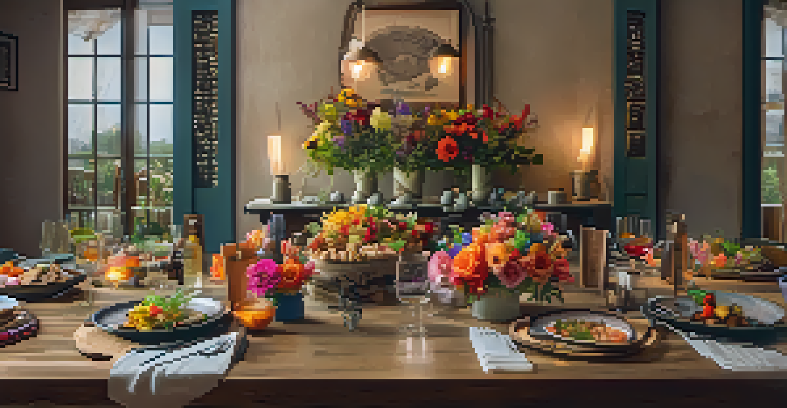 A communal dining table set for a meal, featuring a variety of dishes and participants enjoying each other's company.