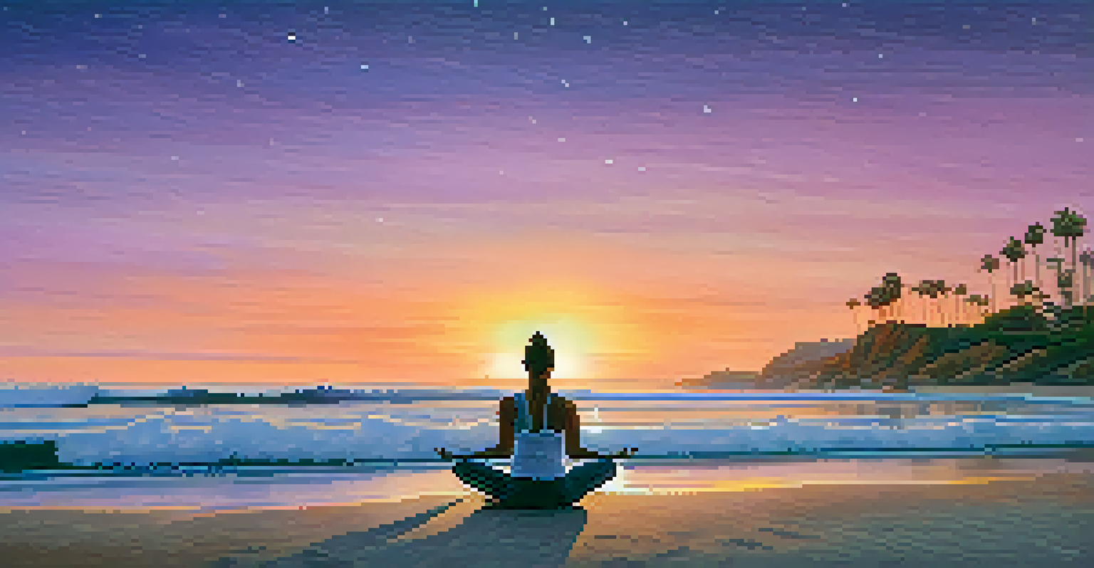 A person meditating on the beach at sunset, with a colorful sky and ocean in the background.