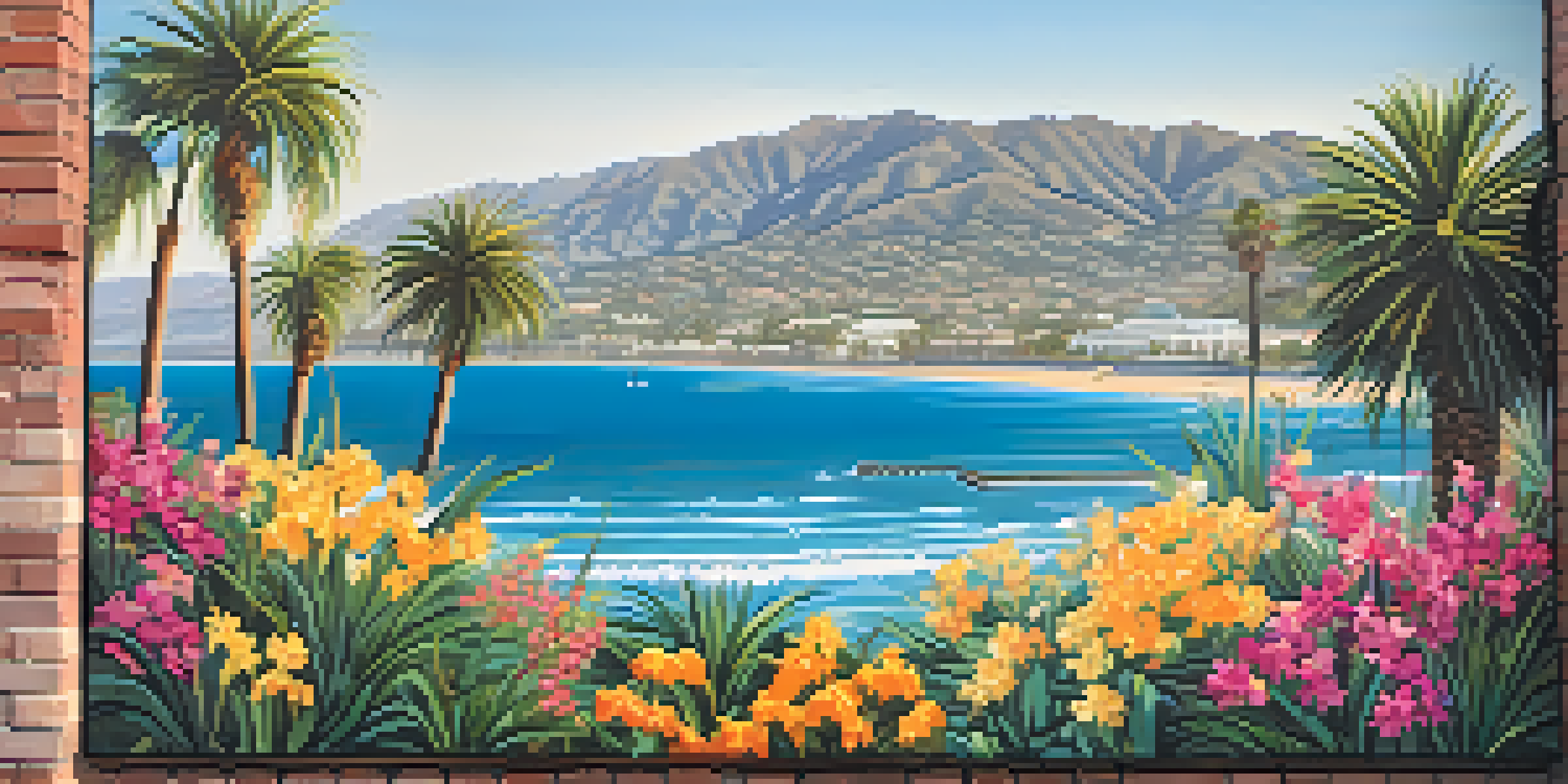 A colorful mural depicting Santa Barbara's coastline, featuring palm trees and flowers, painted on a brick wall with sunlight illuminating the details.