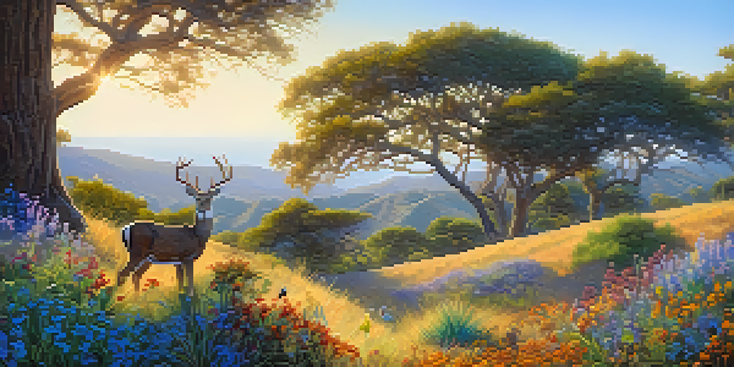 A tranquil wildlife sanctuary with lush greenery, colorful flowers, and a family of deer grazing under a bright blue sky.