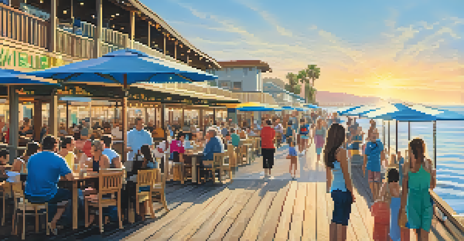 A bustling Stearns Wharf with people enjoying outdoor dining and shopping, under bright umbrellas with the ocean in the background.