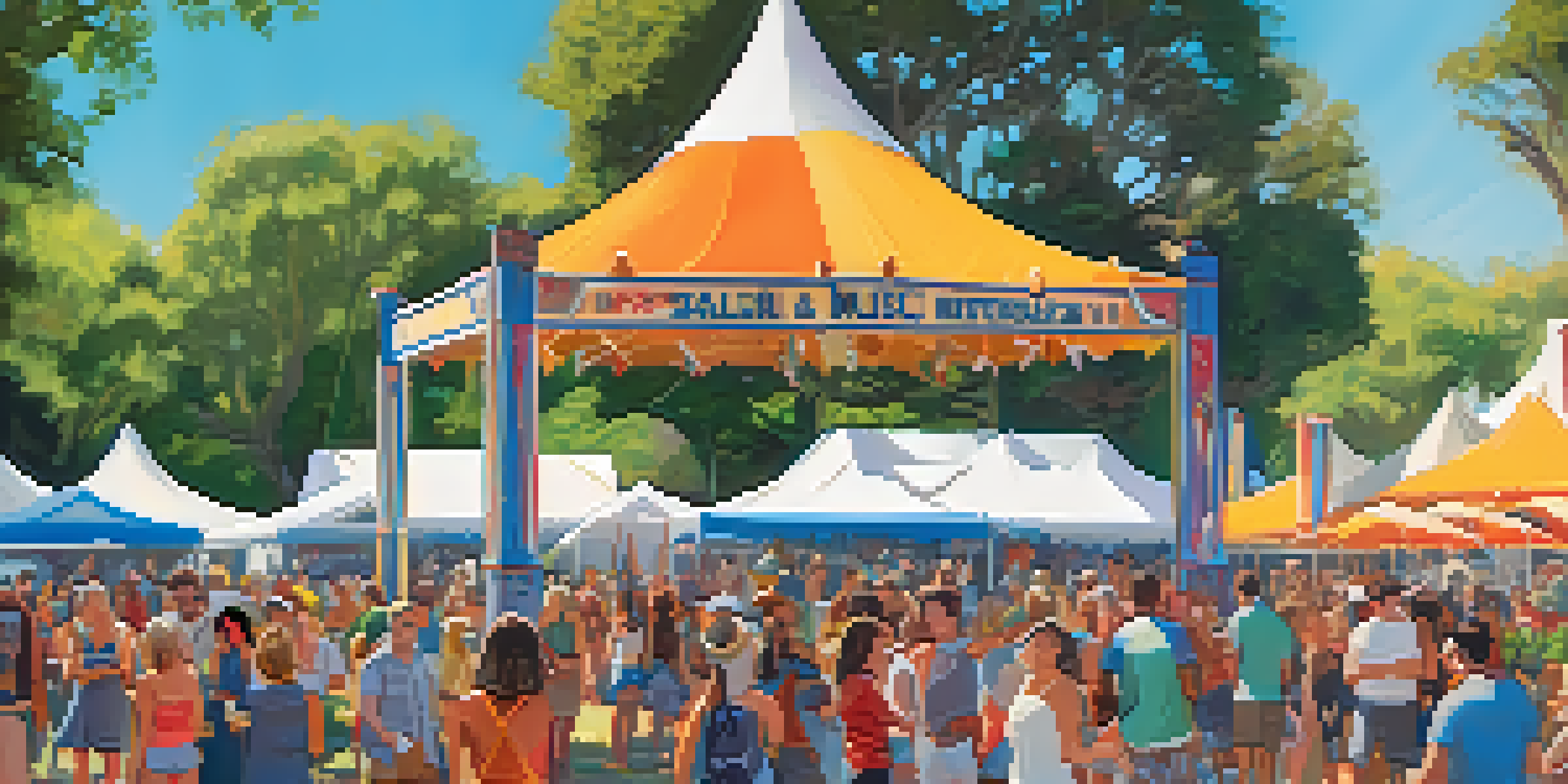 A lively outdoor music festival in Santa Barbara with people dancing and enjoying live music, surrounded by colorful tents and food vendors.