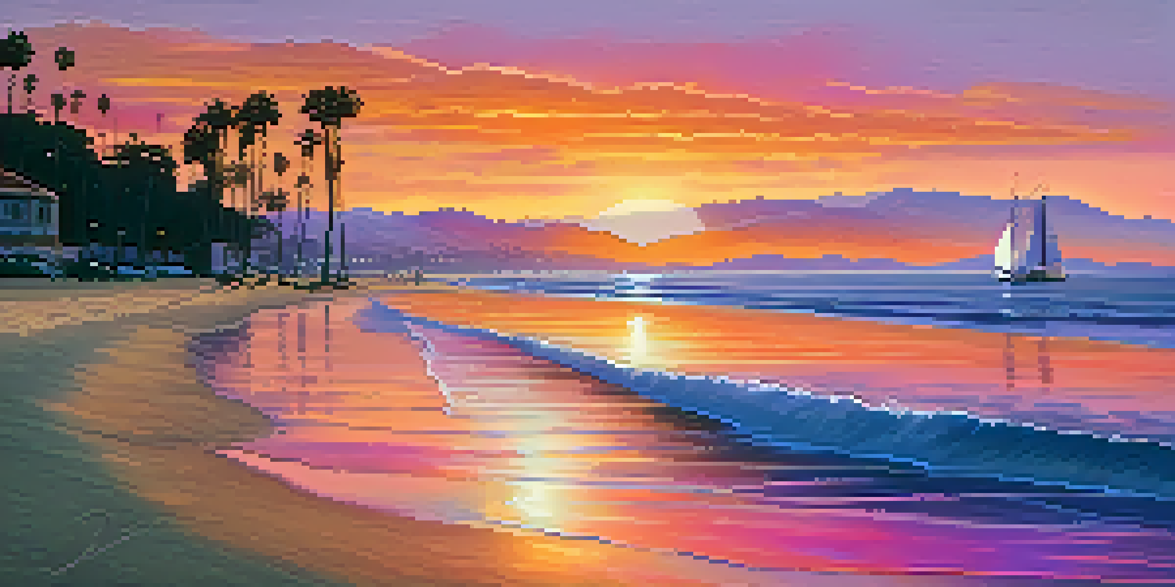 A scenic sunset over Santa Barbara's coastline, featuring soft waves, vibrant sky colors, and silhouetted palm trees.