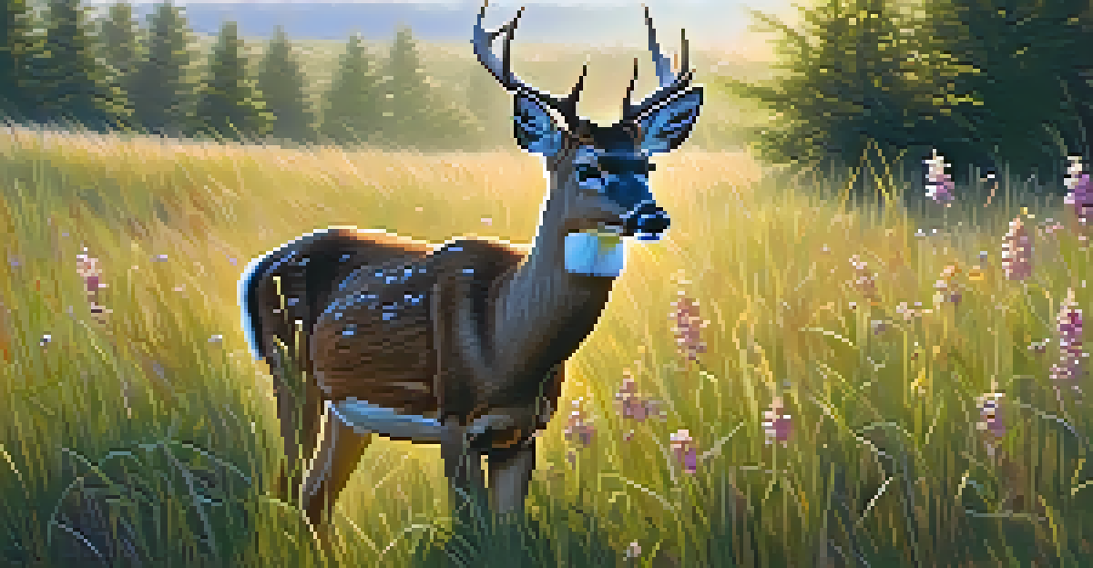 A deer grazing in a sunny meadow filled with wildflowers and tall grass, capturing the beauty of wildlife.