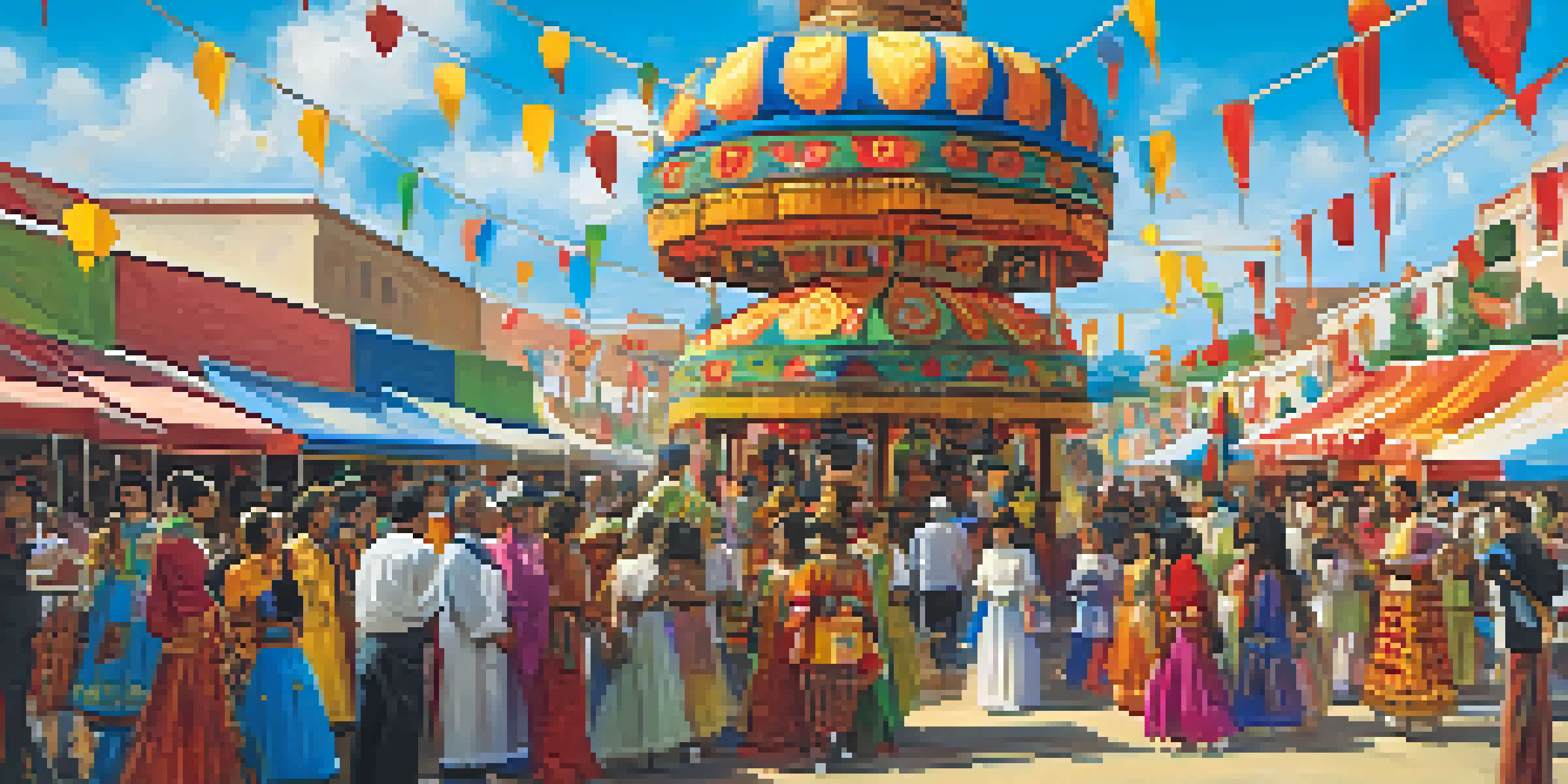 A lively multicultural art festival with performers in traditional costumes, colorful decorations, and an engaged audience under a clear sky.