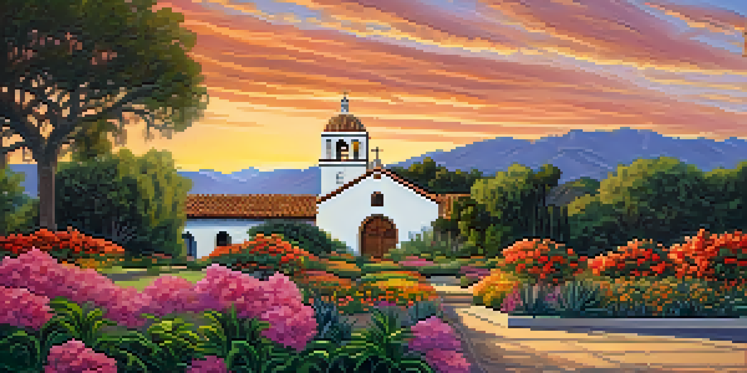 A sunset view of Mission Santa Barbara with twin bell towers and colorful gardens in the foreground.