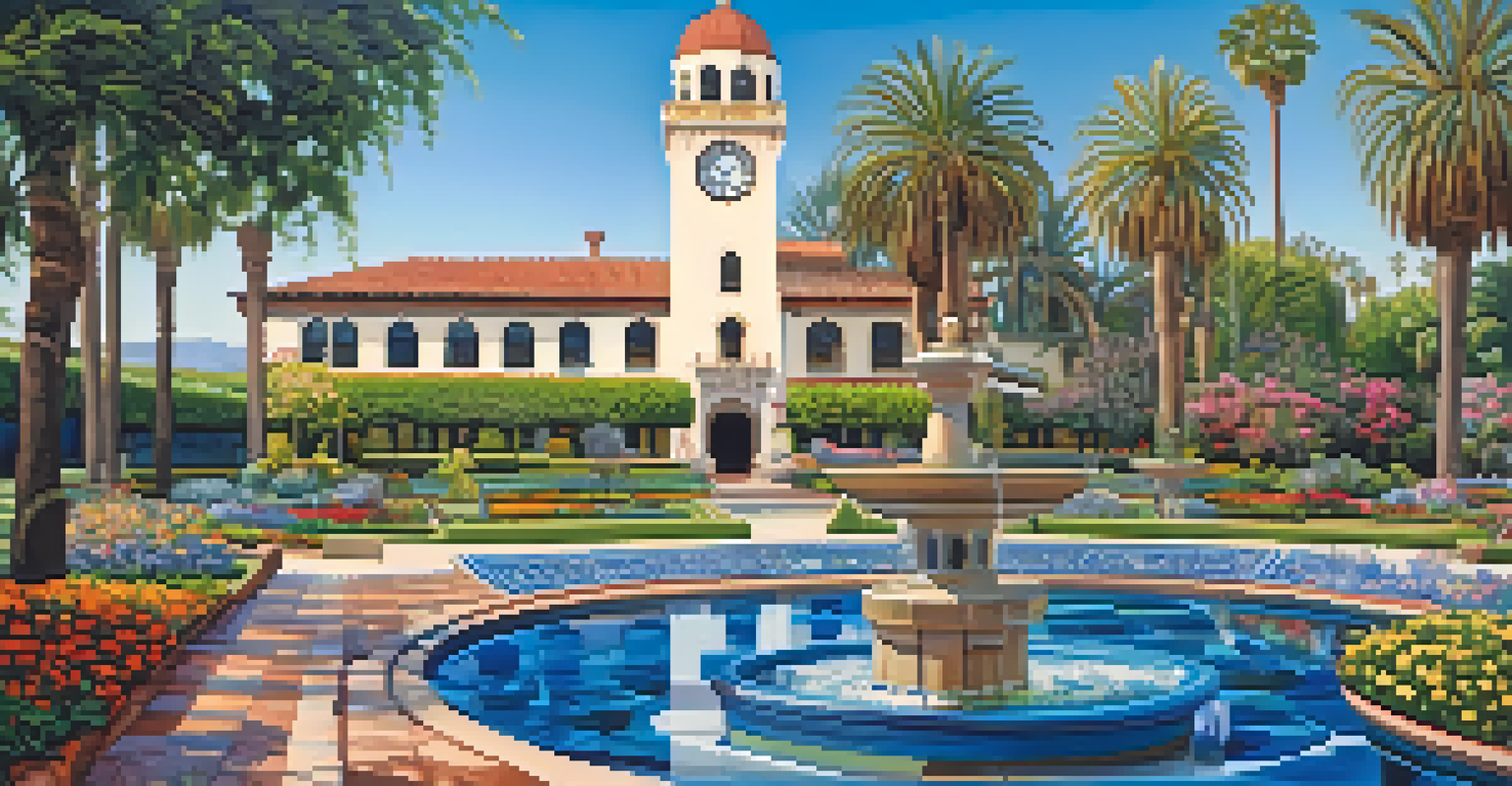 A colorful view of the Santa Barbara Courthouse with blooming gardens and a clear blue sky, highlighting its architectural details.