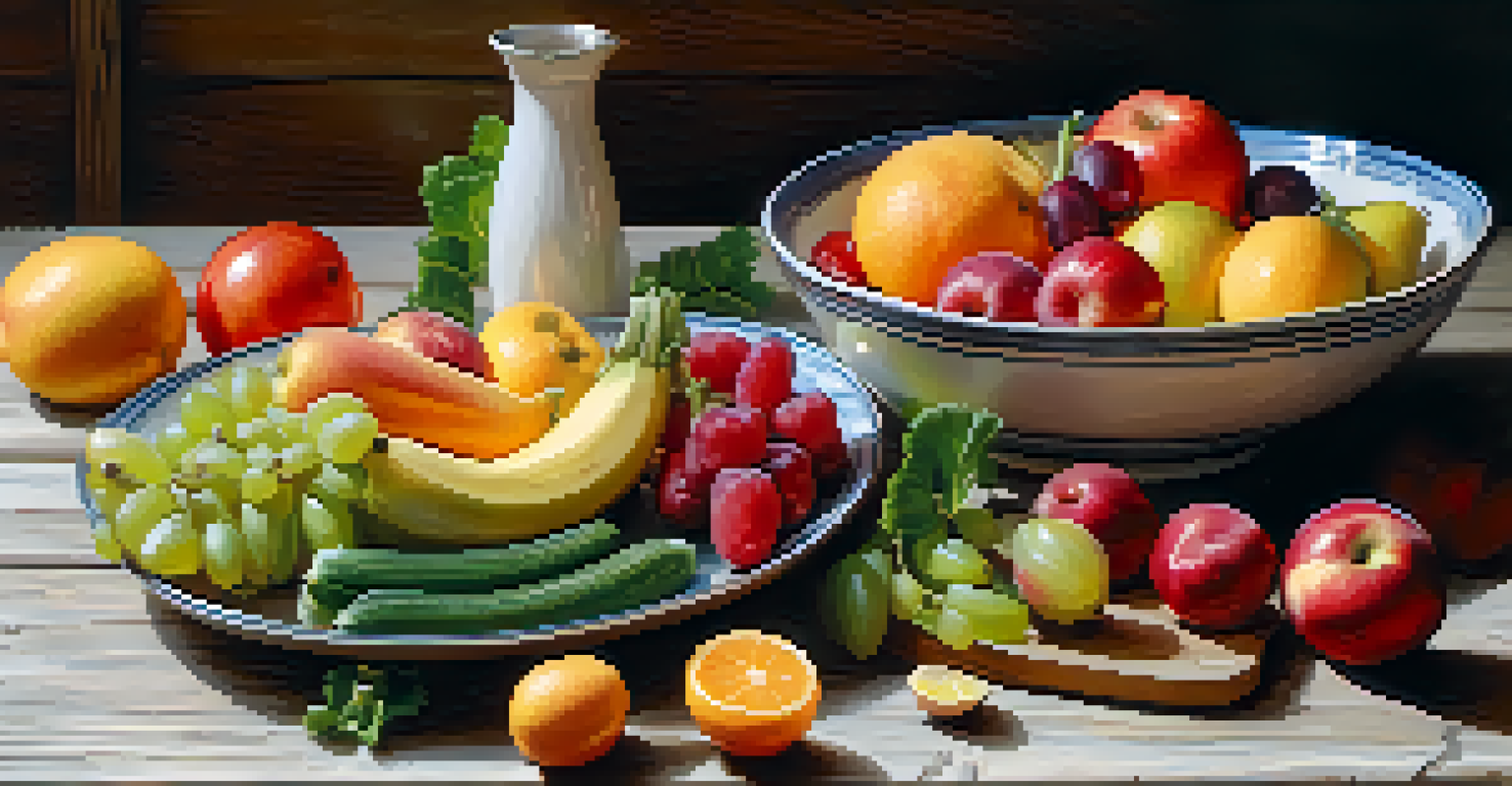 A beautifully arranged plate of fresh fruits and vegetables on a rustic table, illuminated by soft natural light, emphasizing mindfulness in eating.