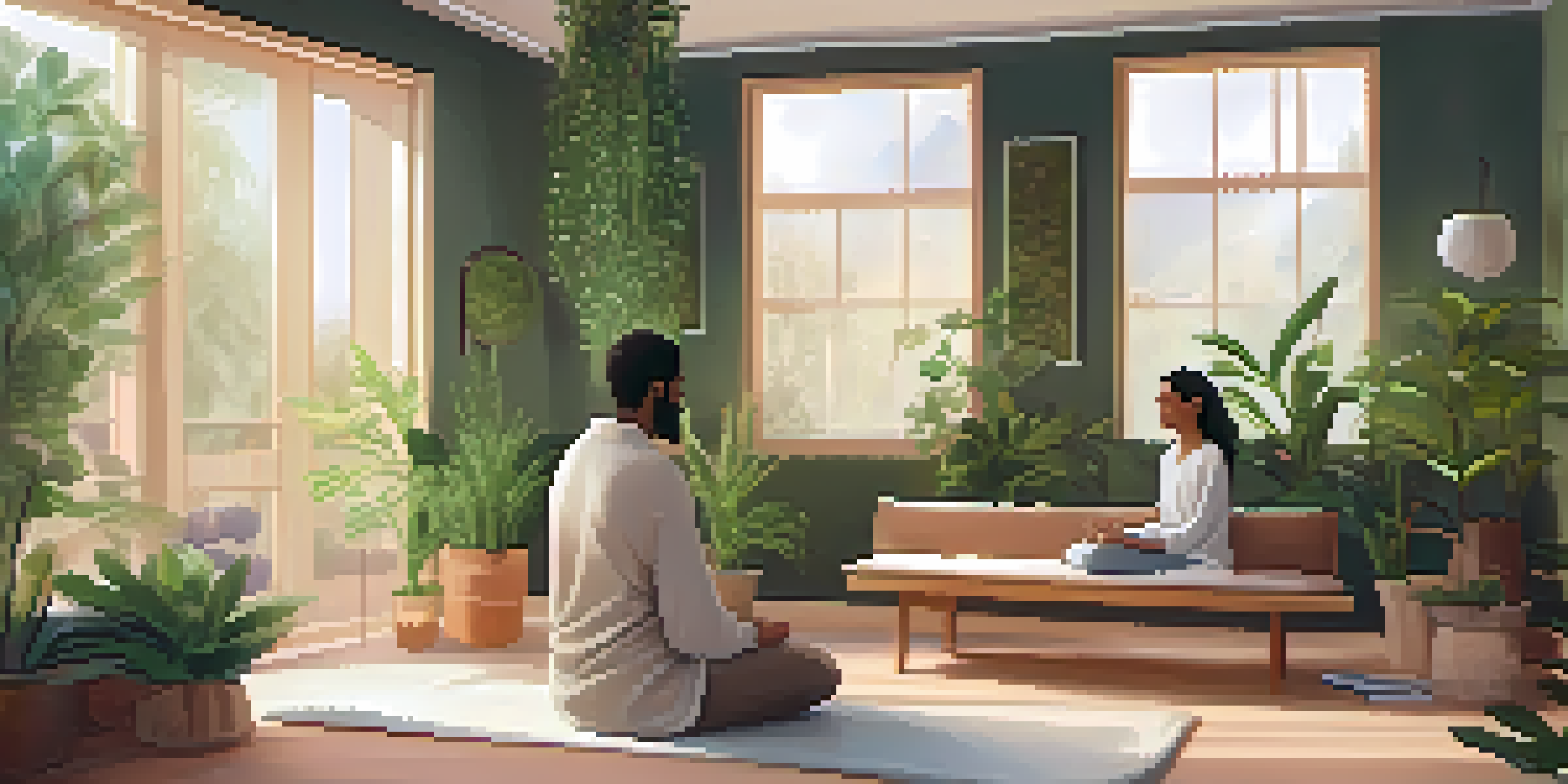 A peaceful wellness room with plants and soft lighting, where a holistic practitioner guides a client through a mindfulness session.