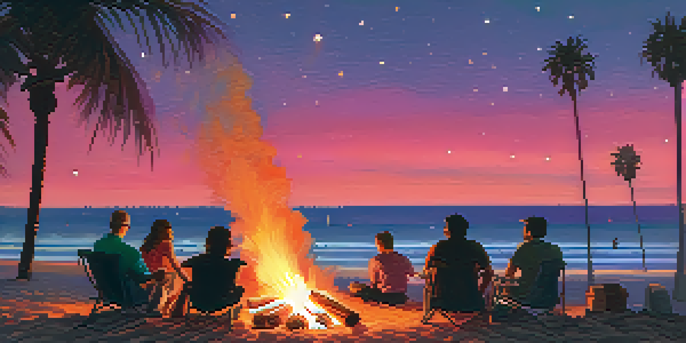 A sunset over Santa Barbara beach with people around a bonfire, roasting marshmallows, and silhouettes of palm trees.